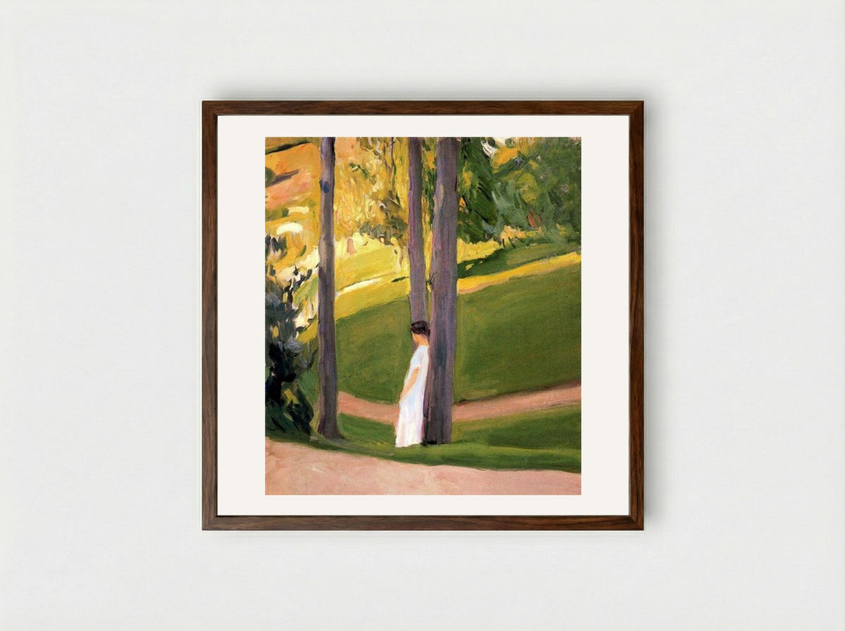 San Sebastian (Woman in White by a Tree) - Joaquín Sorolla - Framed Print Dark Wood