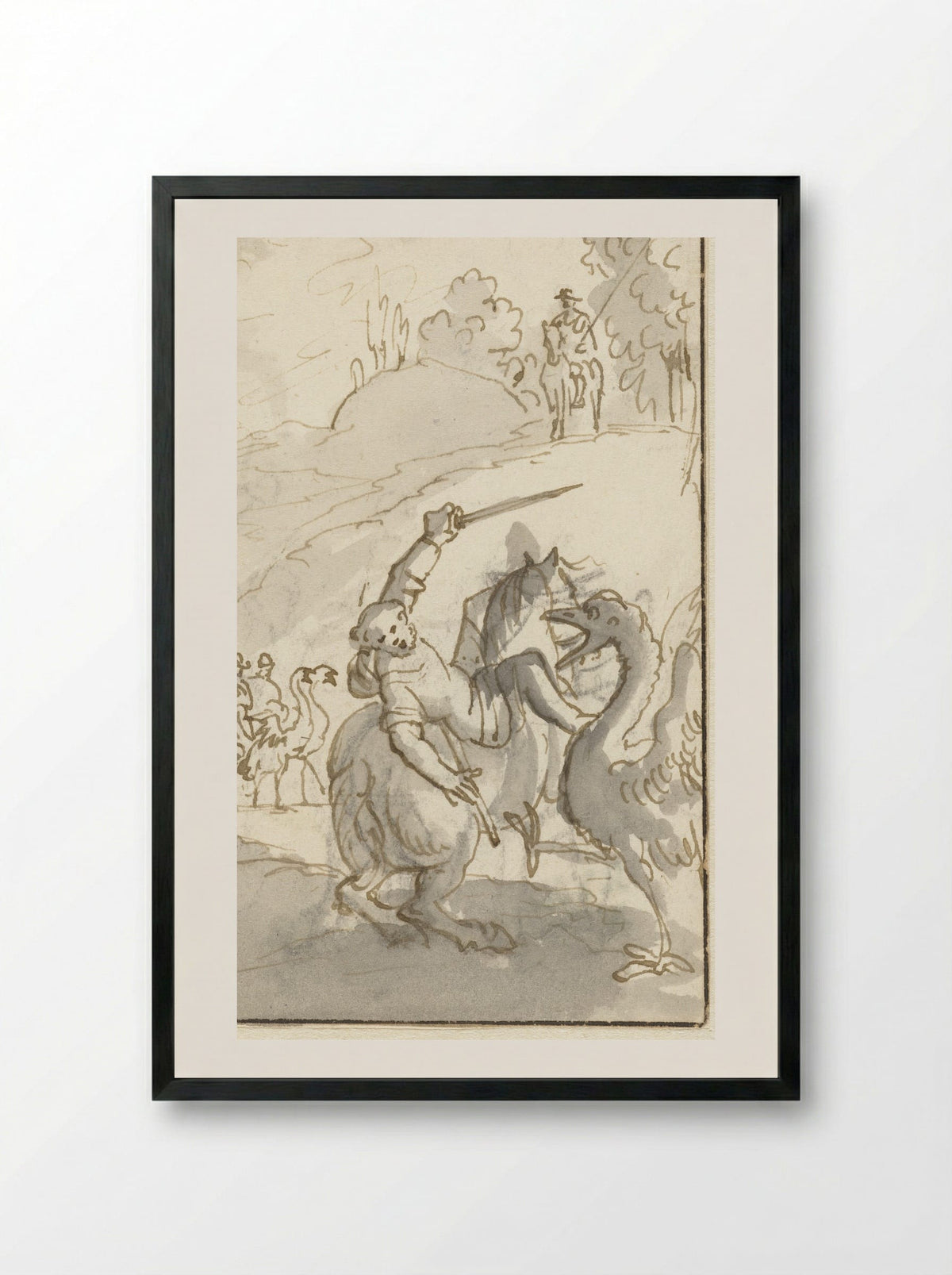 Sancho Panza Fighting an Ostrich - Caspar Luyken - Framed Print Black