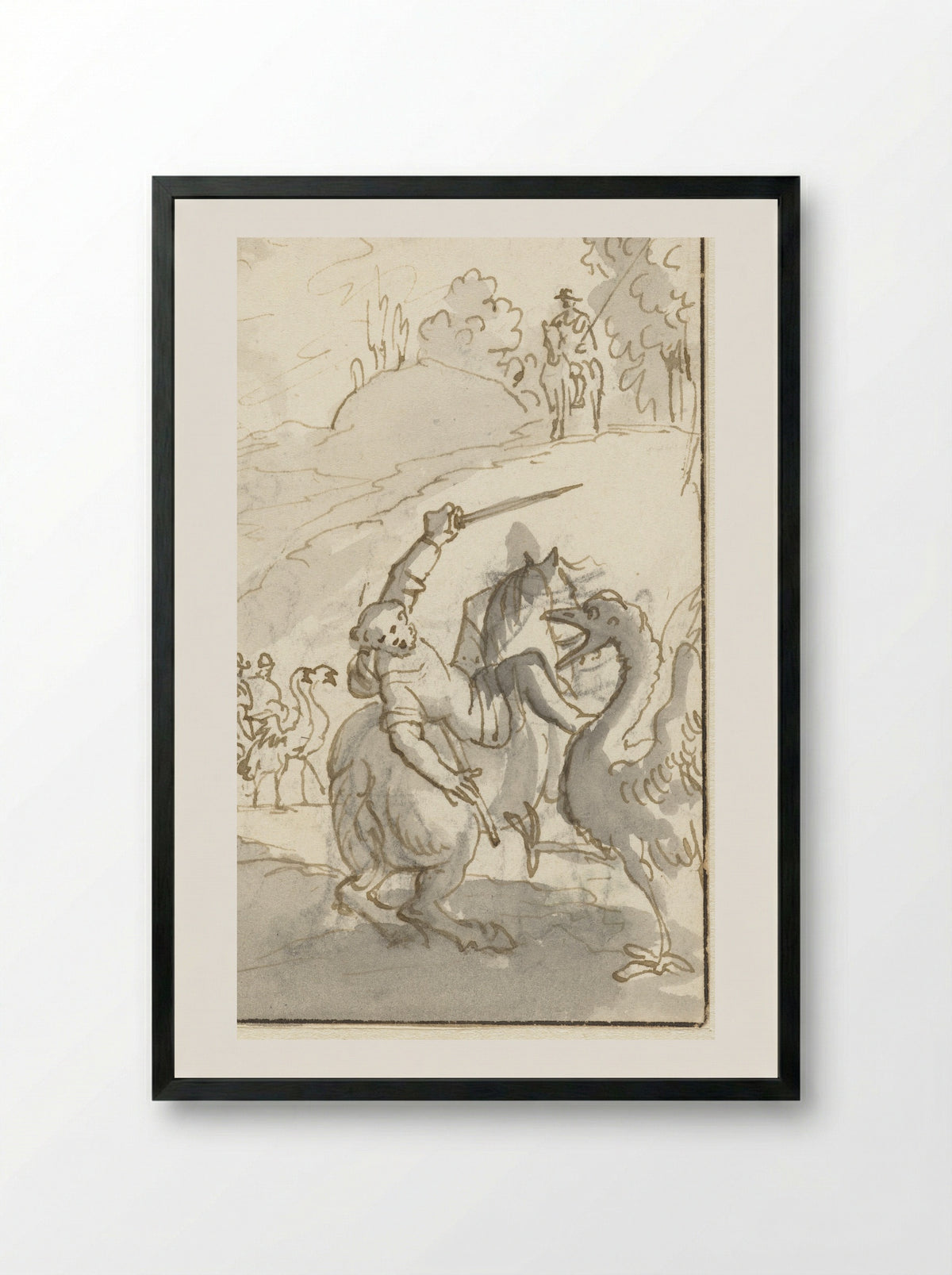 Sancho Panza Fighting an Ostrich - Caspar Luyken - Framed Print Black