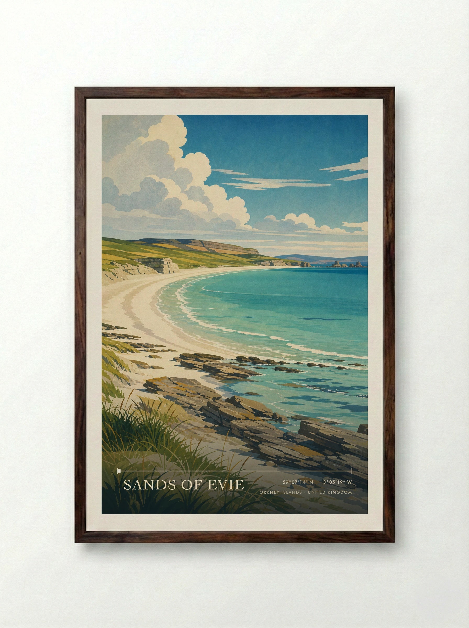 Sands of Evie Orkney Islands United Kingdom Travel Poster - Framed Print Dark Wood