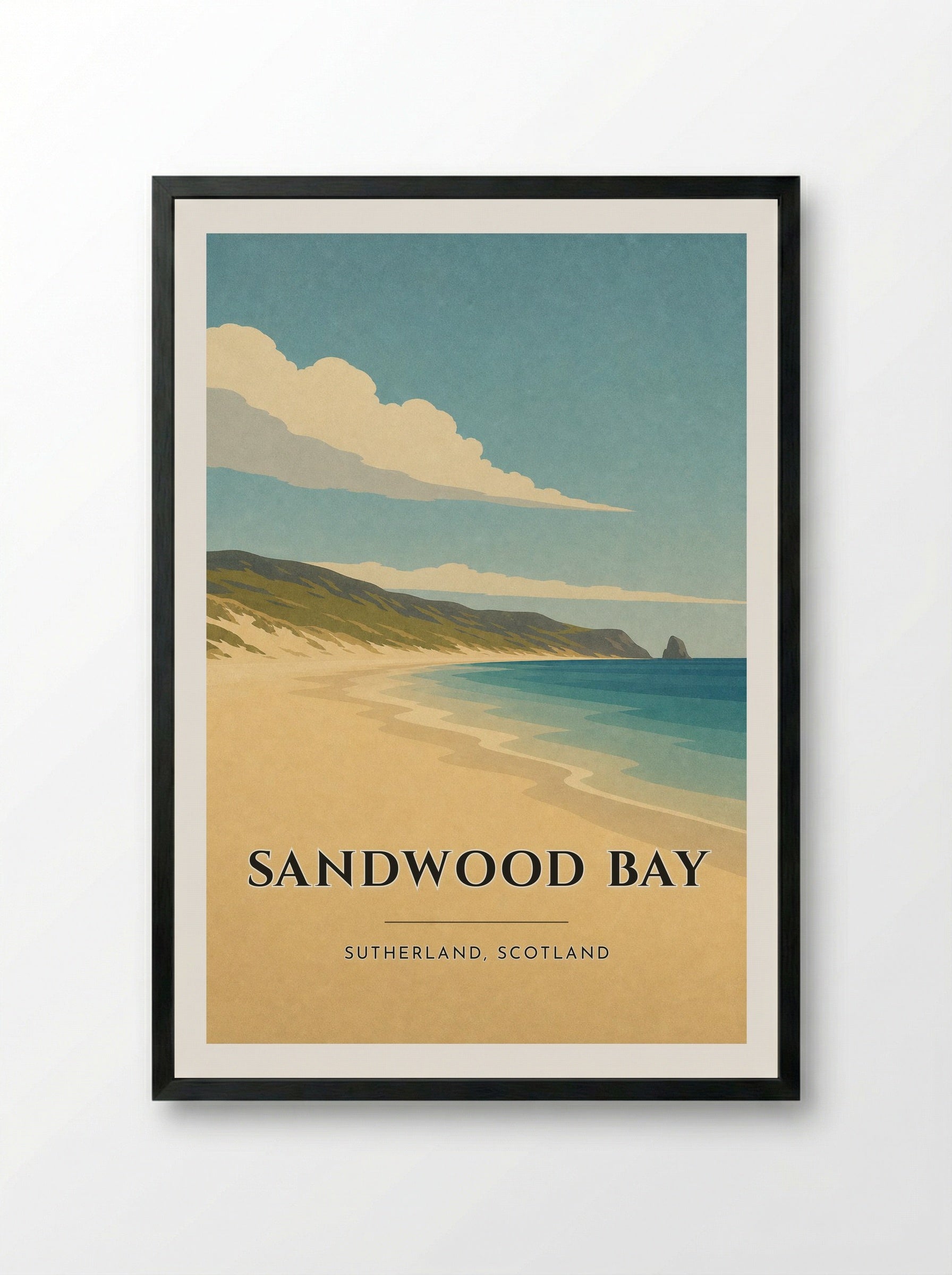 Sandwood Bay Travel Poster Artwork - Framed Print Black
