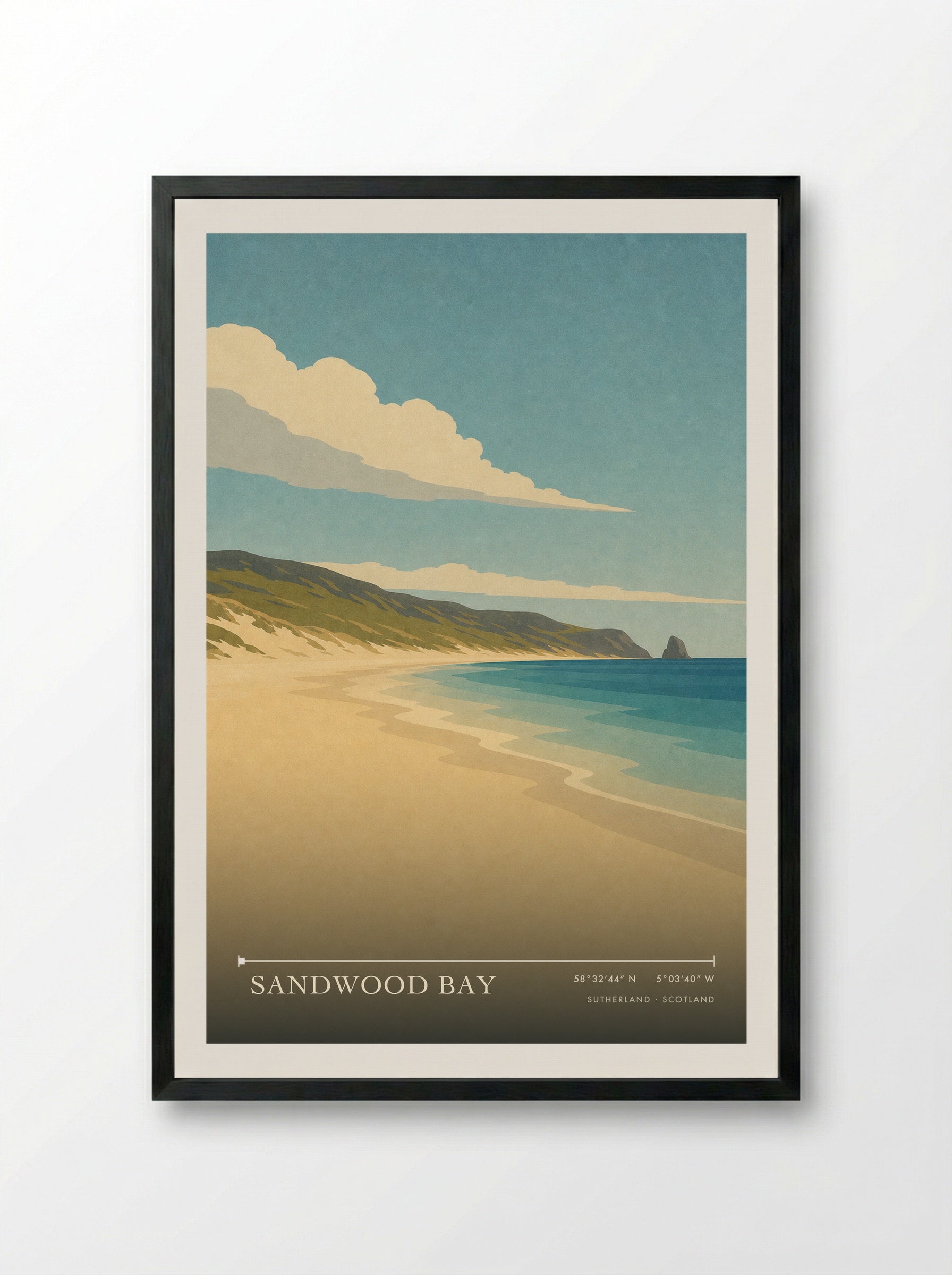 Sandwood Bay Travel Poster Artwork - Framed Print Black