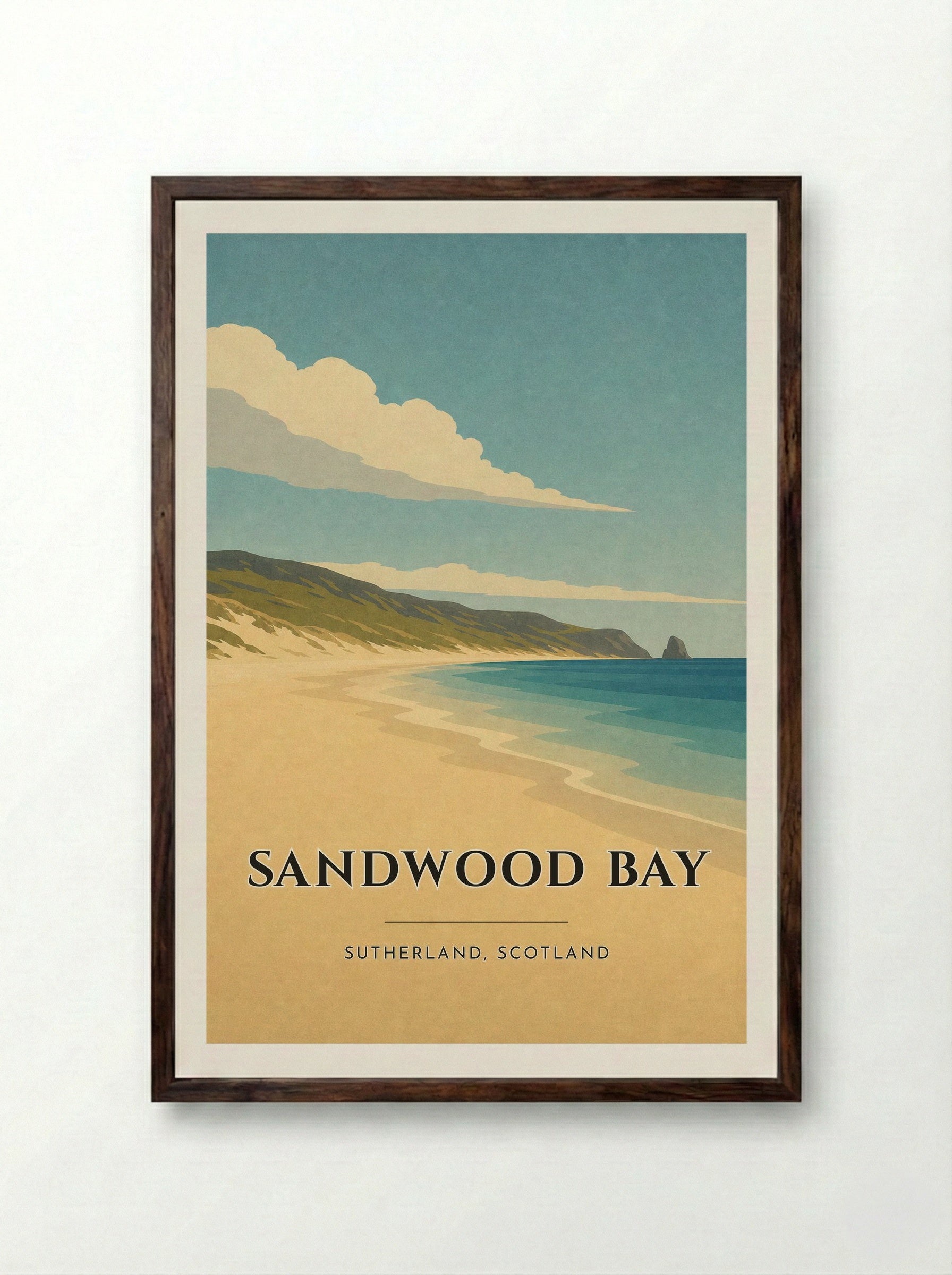 Sandwood Bay Travel Poster Artwork - Framed Print Dark Wood