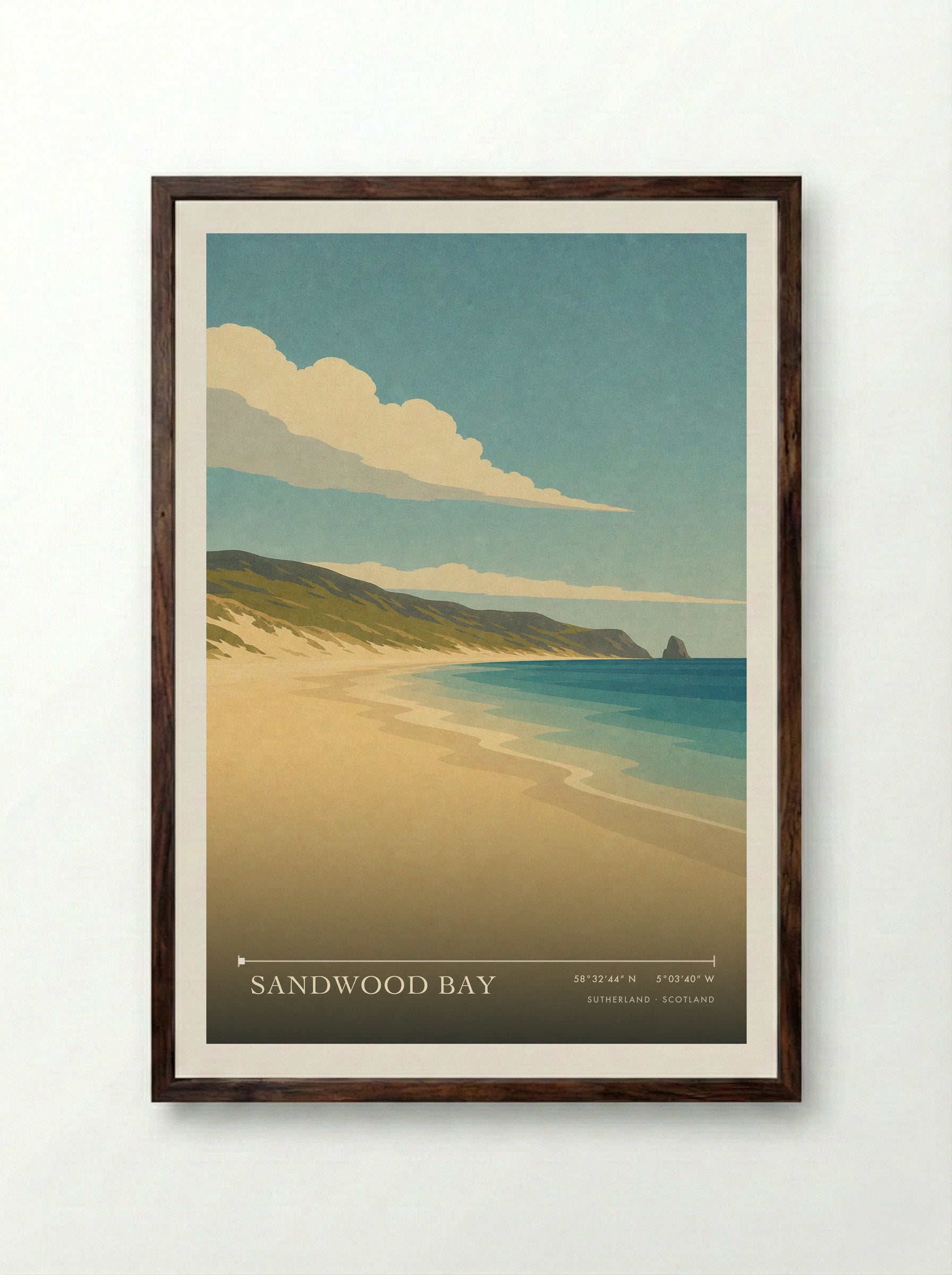 Sandwood Bay Travel Poster Artwork - Framed Print Dark Wood