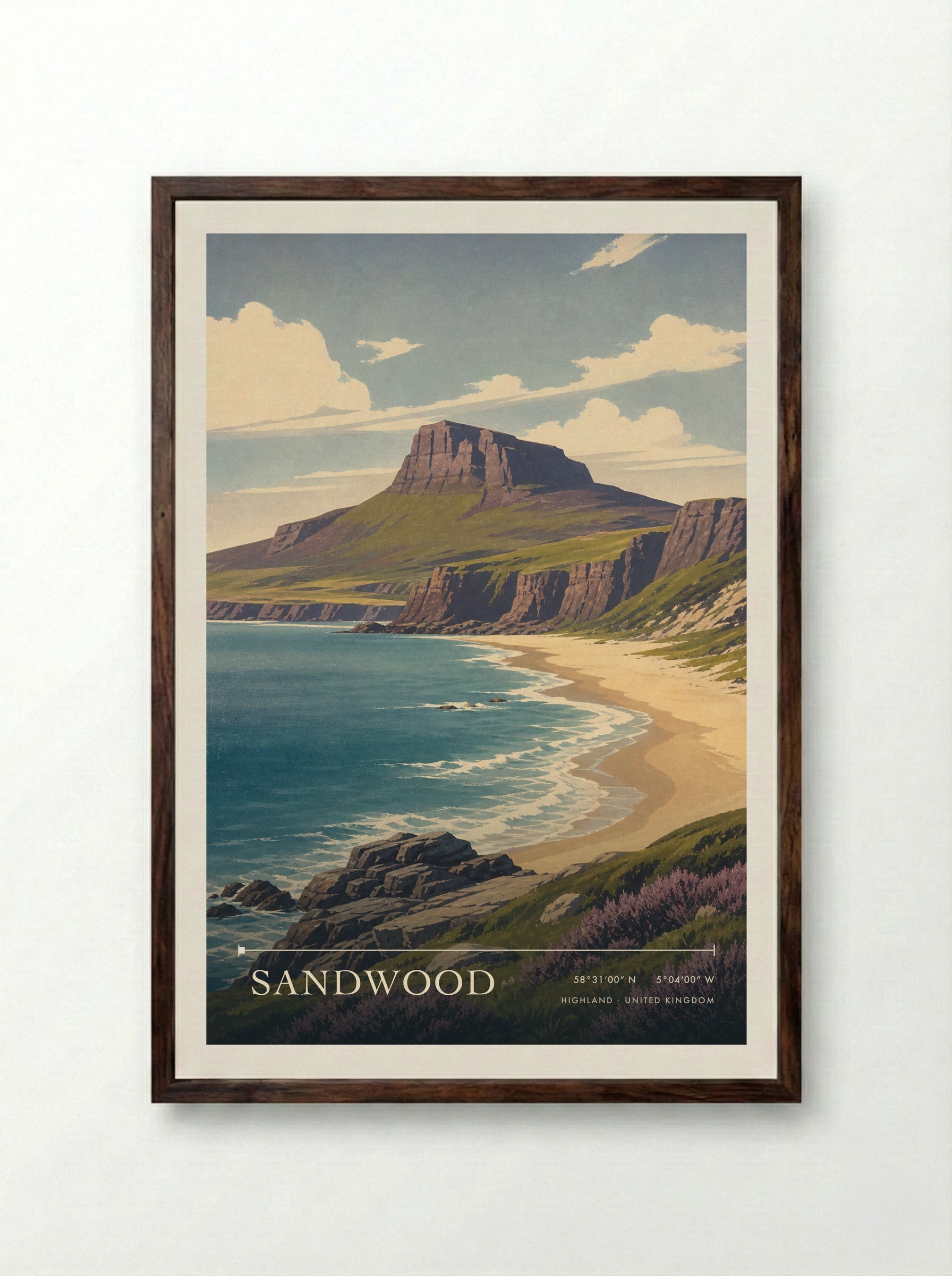 Sandwood Highland United Kingdom Travel Poster - Framed Print Dark Wood