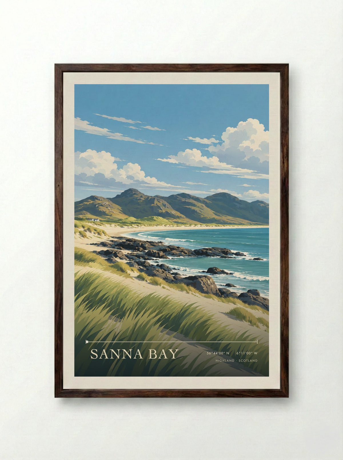 Sanna Bay, Highland | Travel Poster - Framed Print Dark Wood