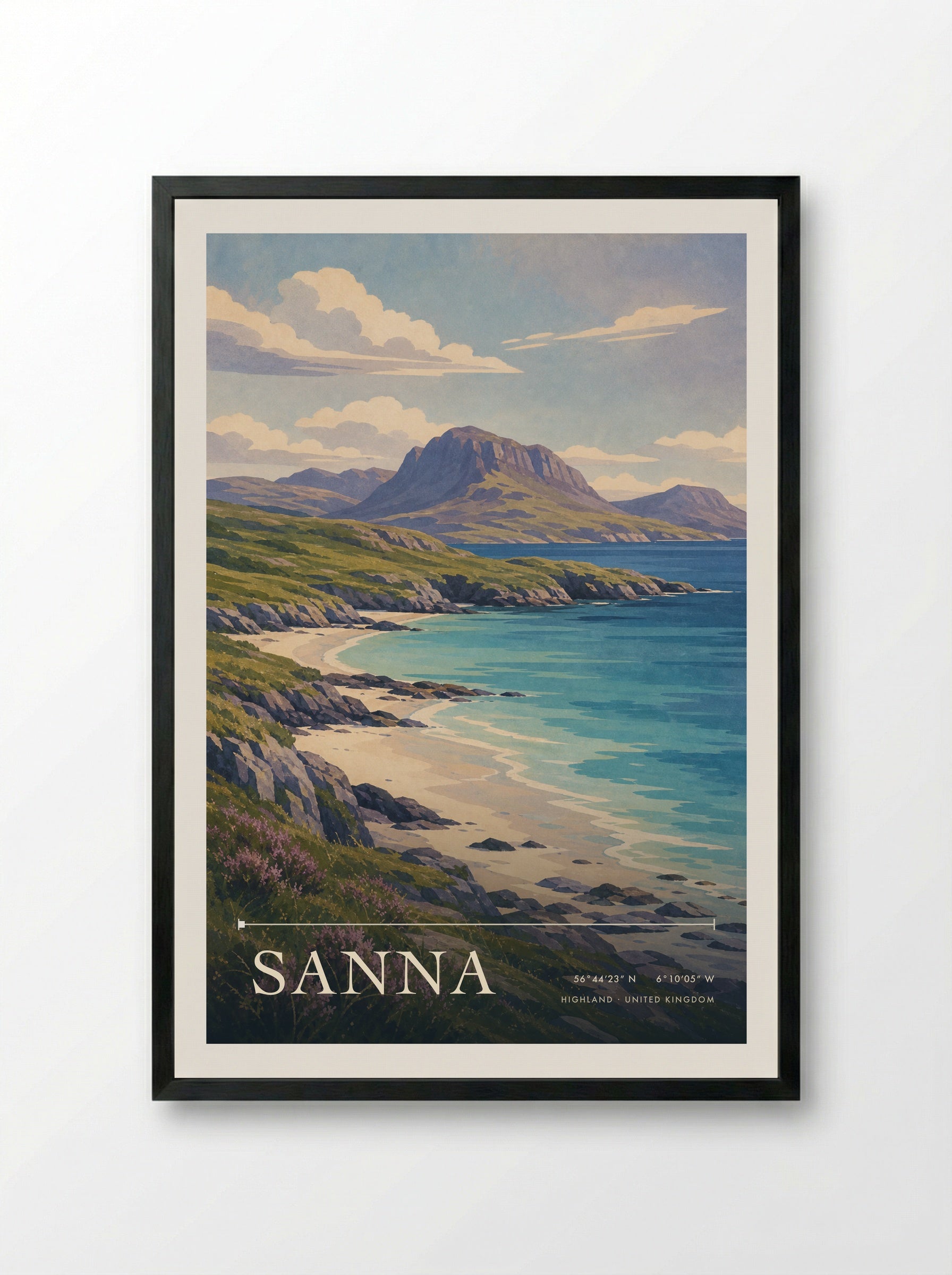 Sanna Highland United Kingdom Travel Poster - Framed Print Black