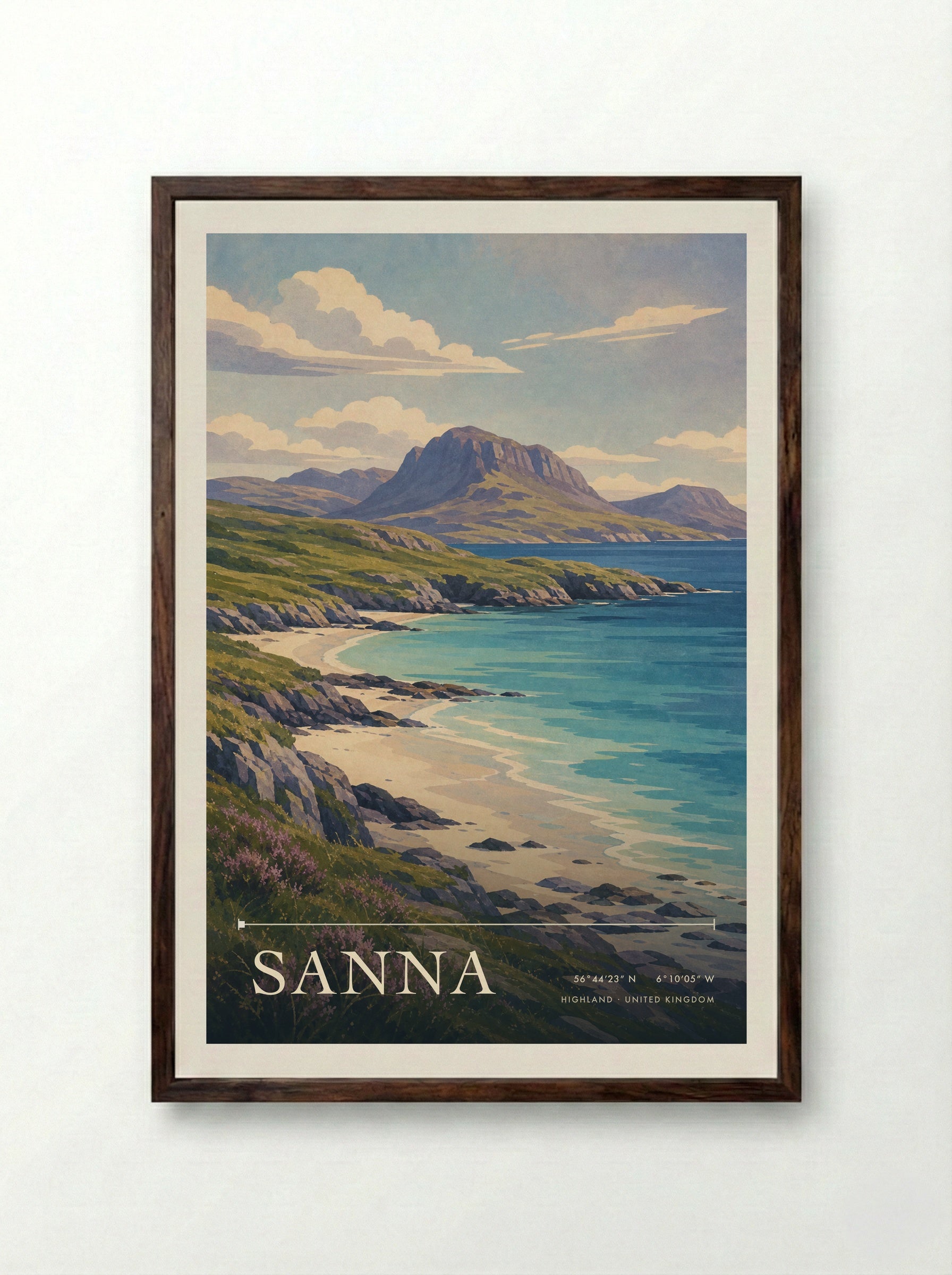 Sanna Highland United Kingdom Travel Poster - Framed Print Dark Wood