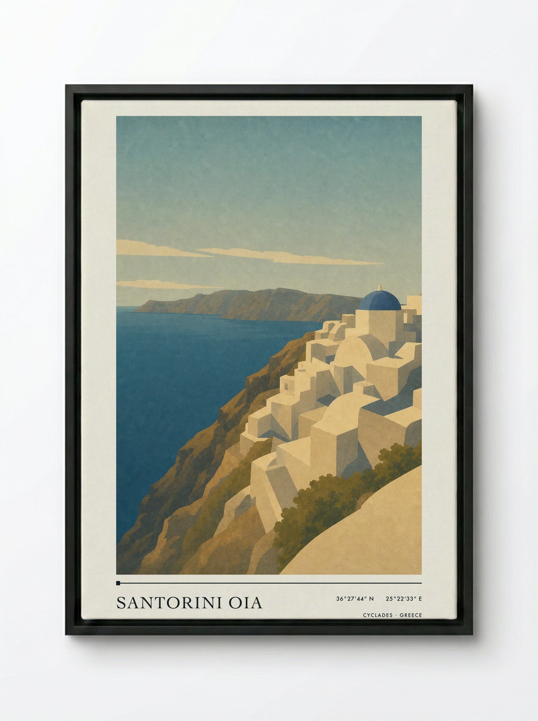 Santorini Oia Travel Poster Artwork - Framed Canvas Black