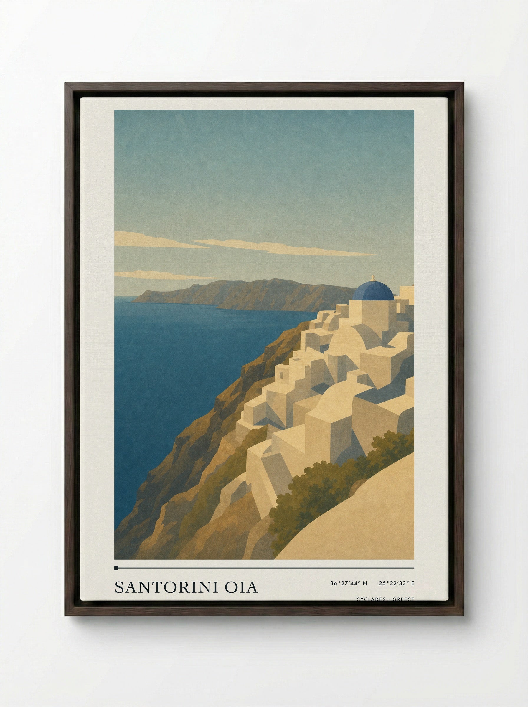 Santorini Oia Travel Poster Artwork - Framed Canvas Dark Wood