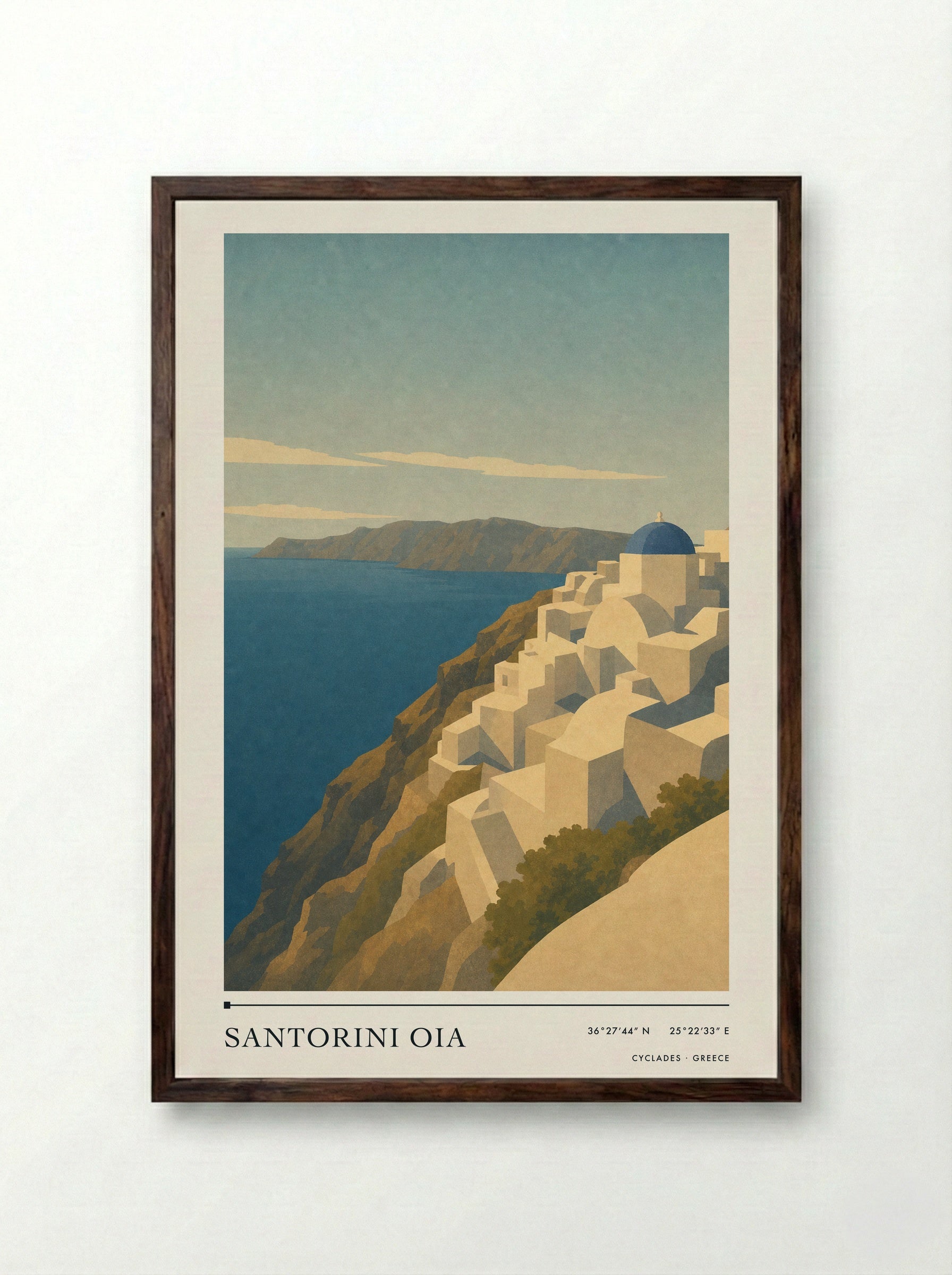 Santorini Oia Travel Poster Artwork - Framed Print Dark Wood