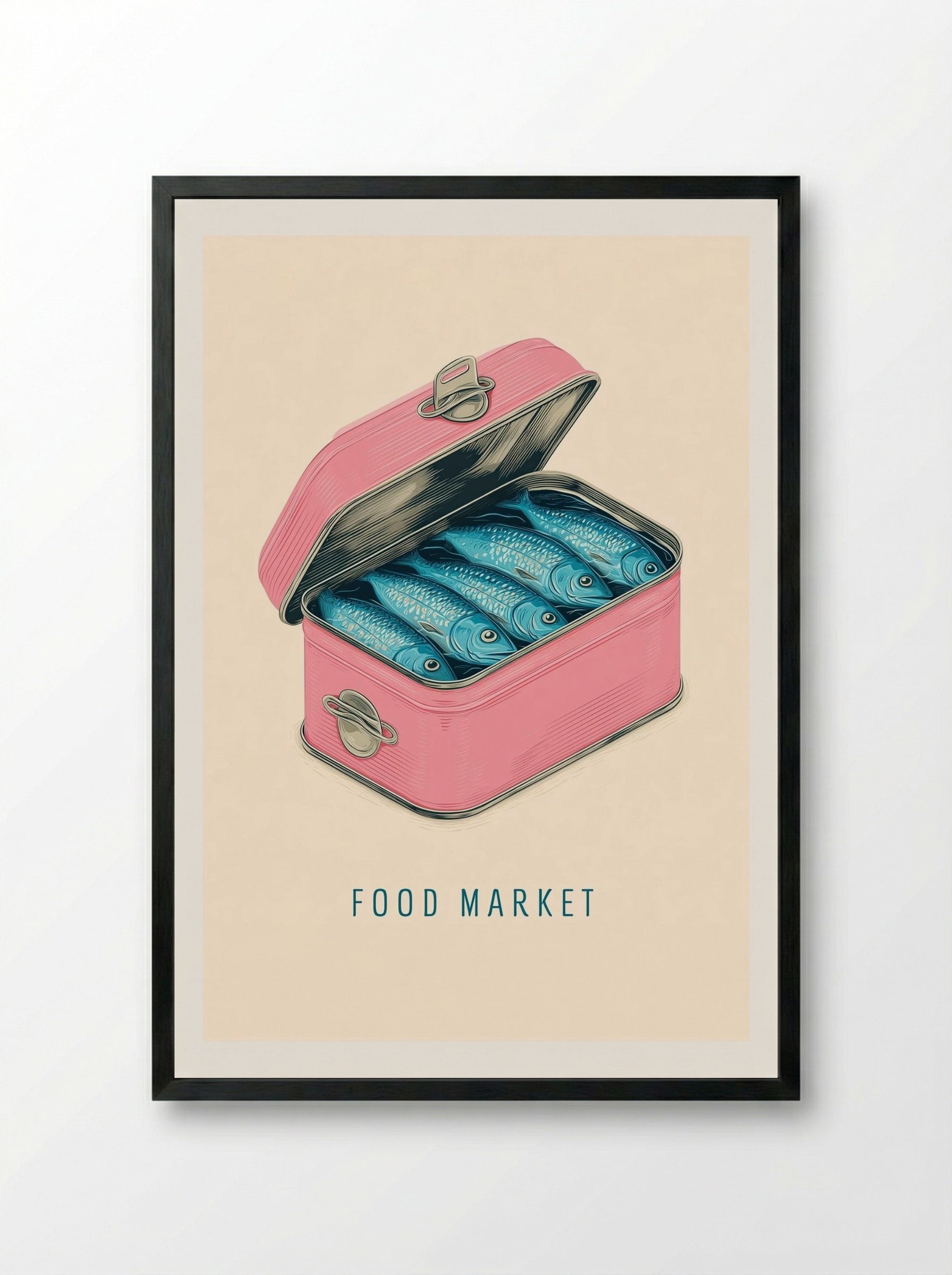 Sardines in Pink Tin – Retro Food Market Poster.png - Framed Print Black