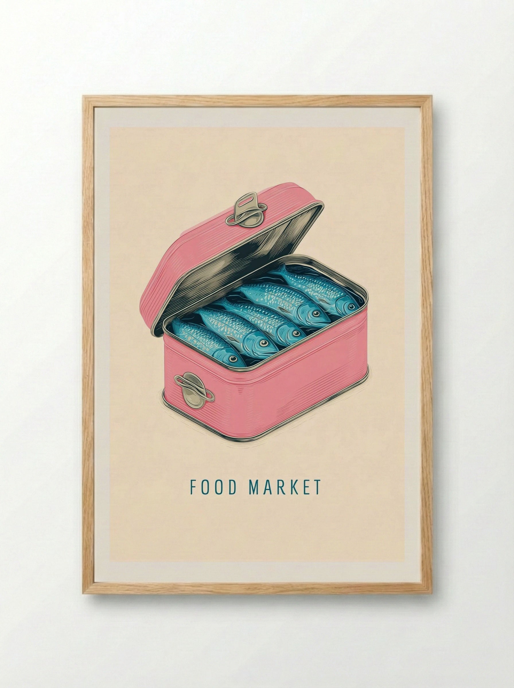 Sardines in Pink Tin – Retro Food Market Poster.png - Framed Print Wood