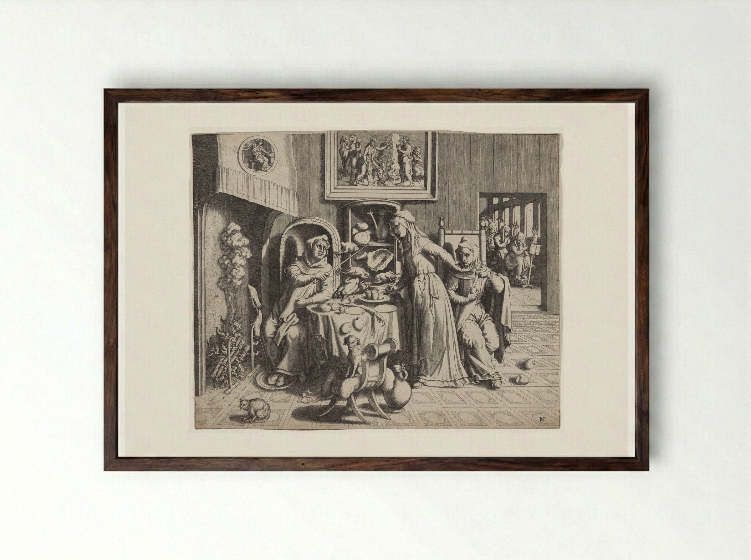Satire on Clerical Abuse - Hans Collaert the Elder - Framed Print Dark Wood
