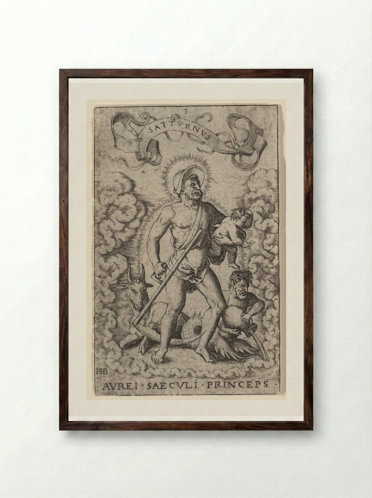 Saturn (Aurei Saeculi Princeps) - Theodor de Bry - Framed Print Dark Wood