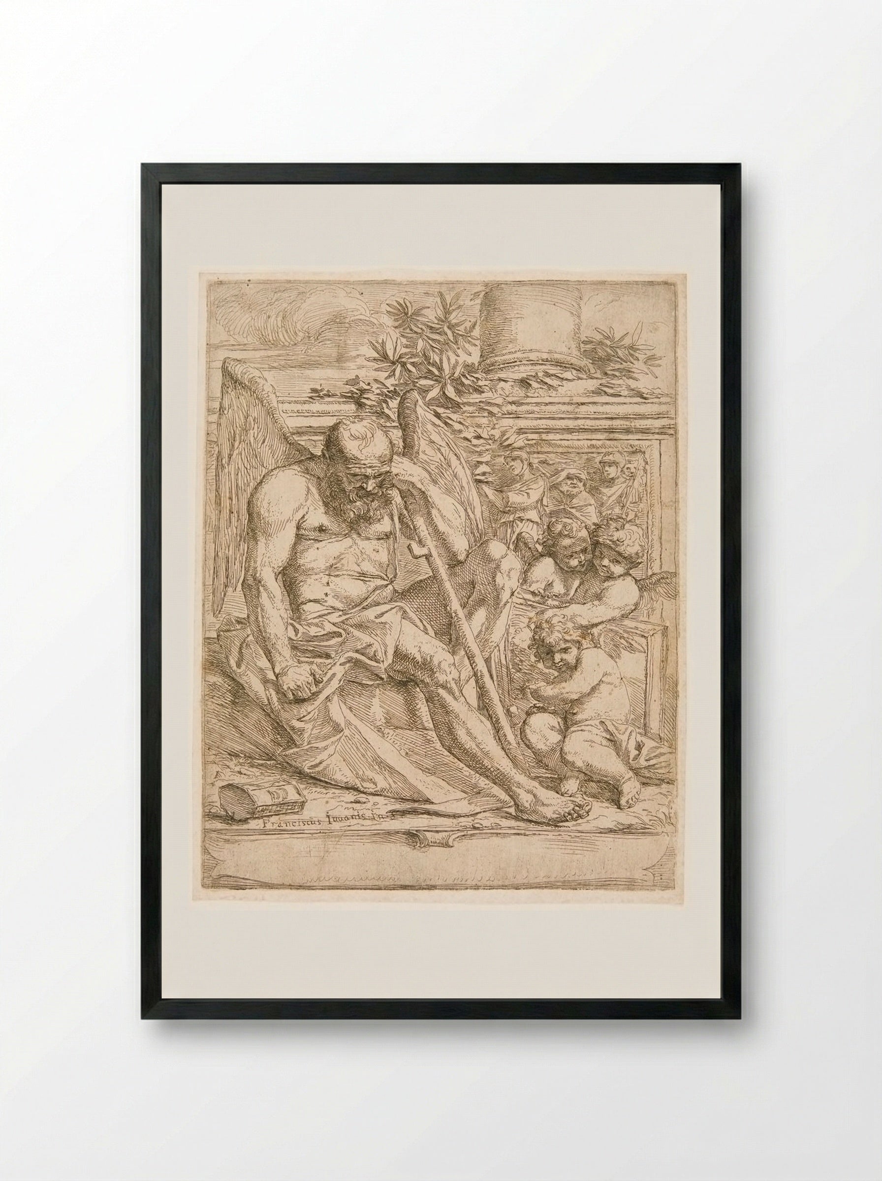 Saturn, Seated with three Putti Holding a Painting - Giovanni Francesco Grimaldi - Framed Print Black
