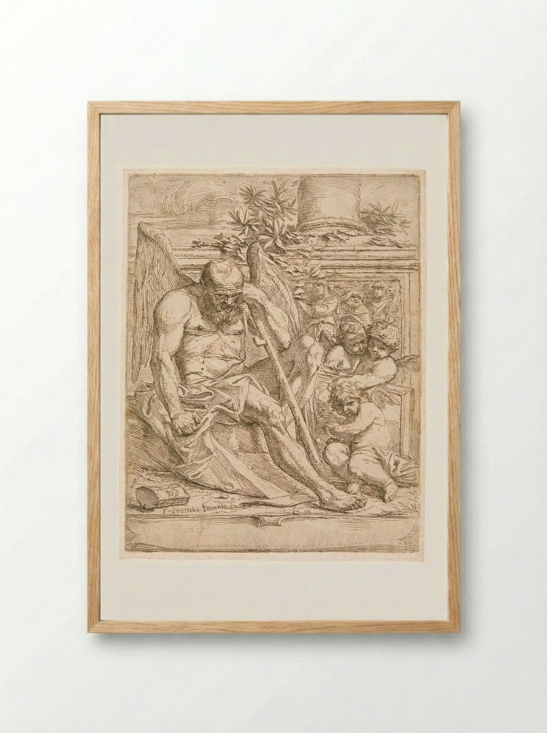 Saturn, Seated with three Putti Holding a Painting - Giovanni Francesco Grimaldi - Framed Print Wood