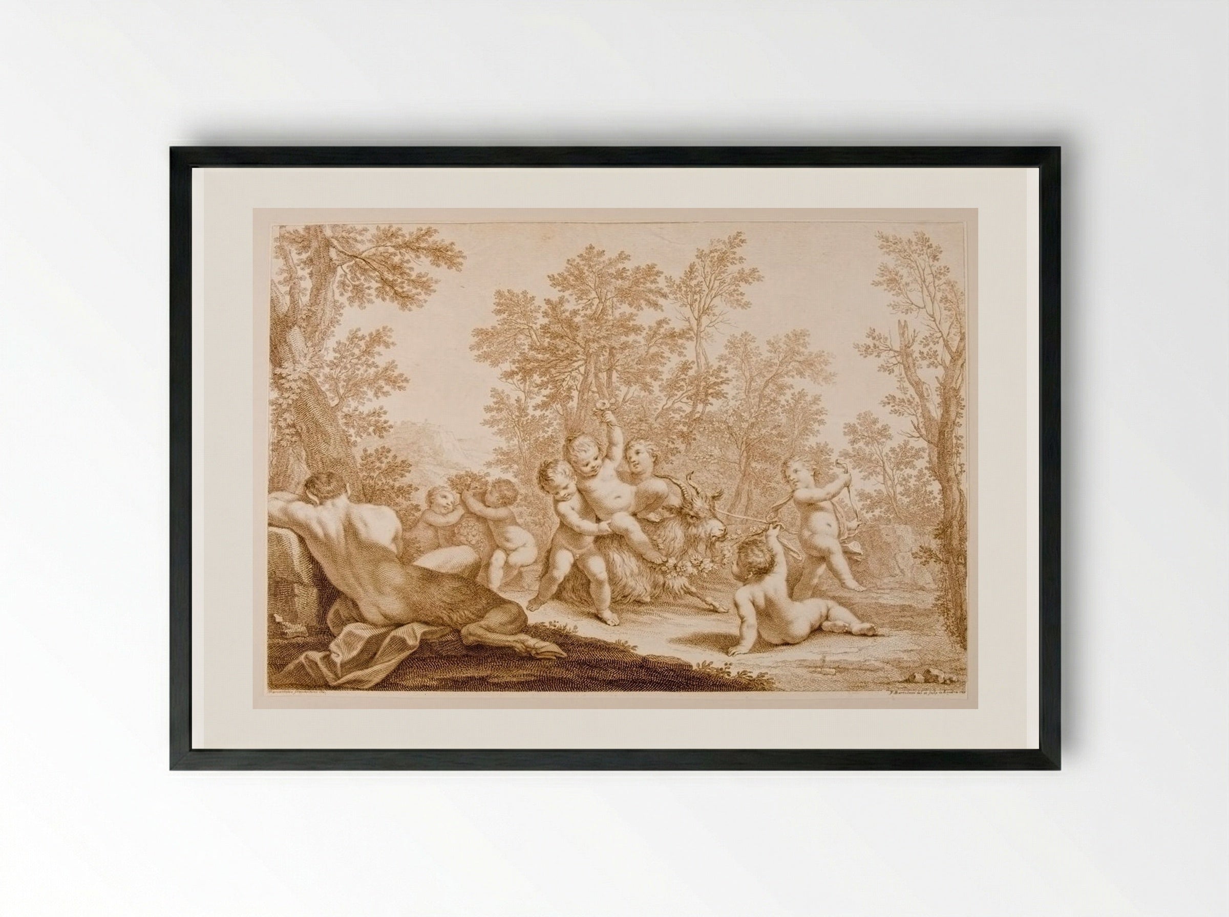 Satyr, Children, and Goat - Francesco Bartolozzi - Framed Print Black