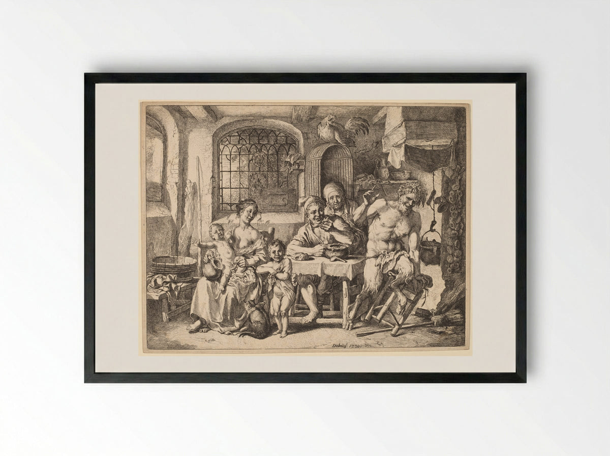 Satyr and Peasant's Family - Christian Wilhelm Ernst Dietrich - Framed Print Black