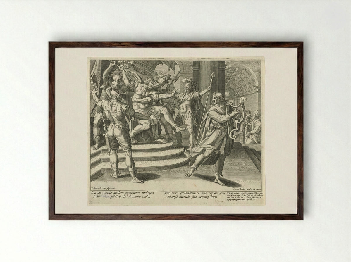 Saul Attempts to Spear David - Aegidius Sadeler (II) - Framed Print Dark Wood