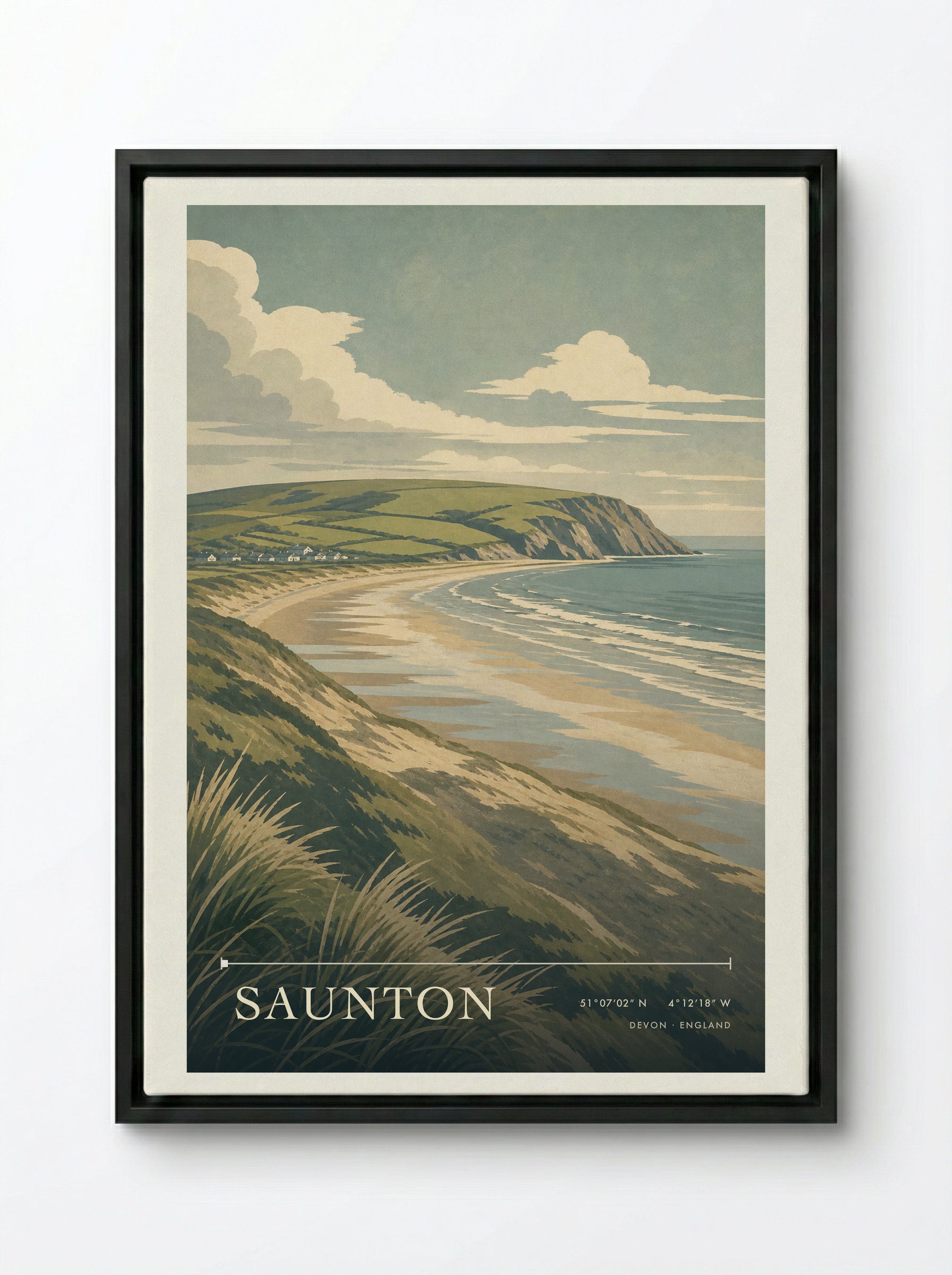 Saunton Devon England Travel Poster - Framed Canvas Black