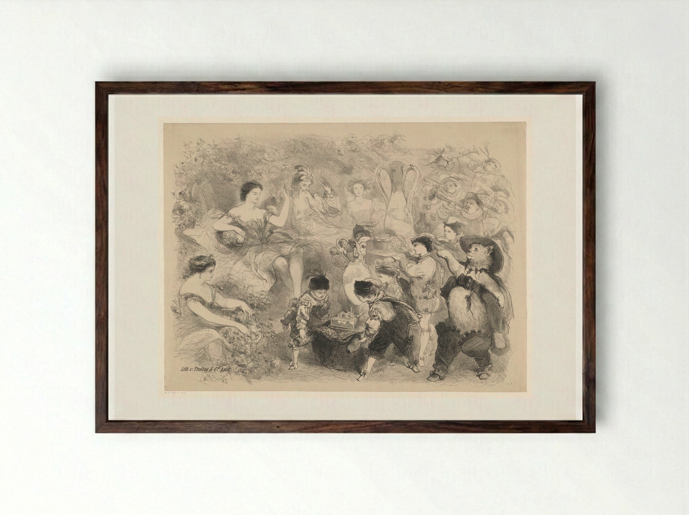 Scène uit toneelstuk De gelaarsde kat - Charles Rochussen - Framed Print Dark Wood