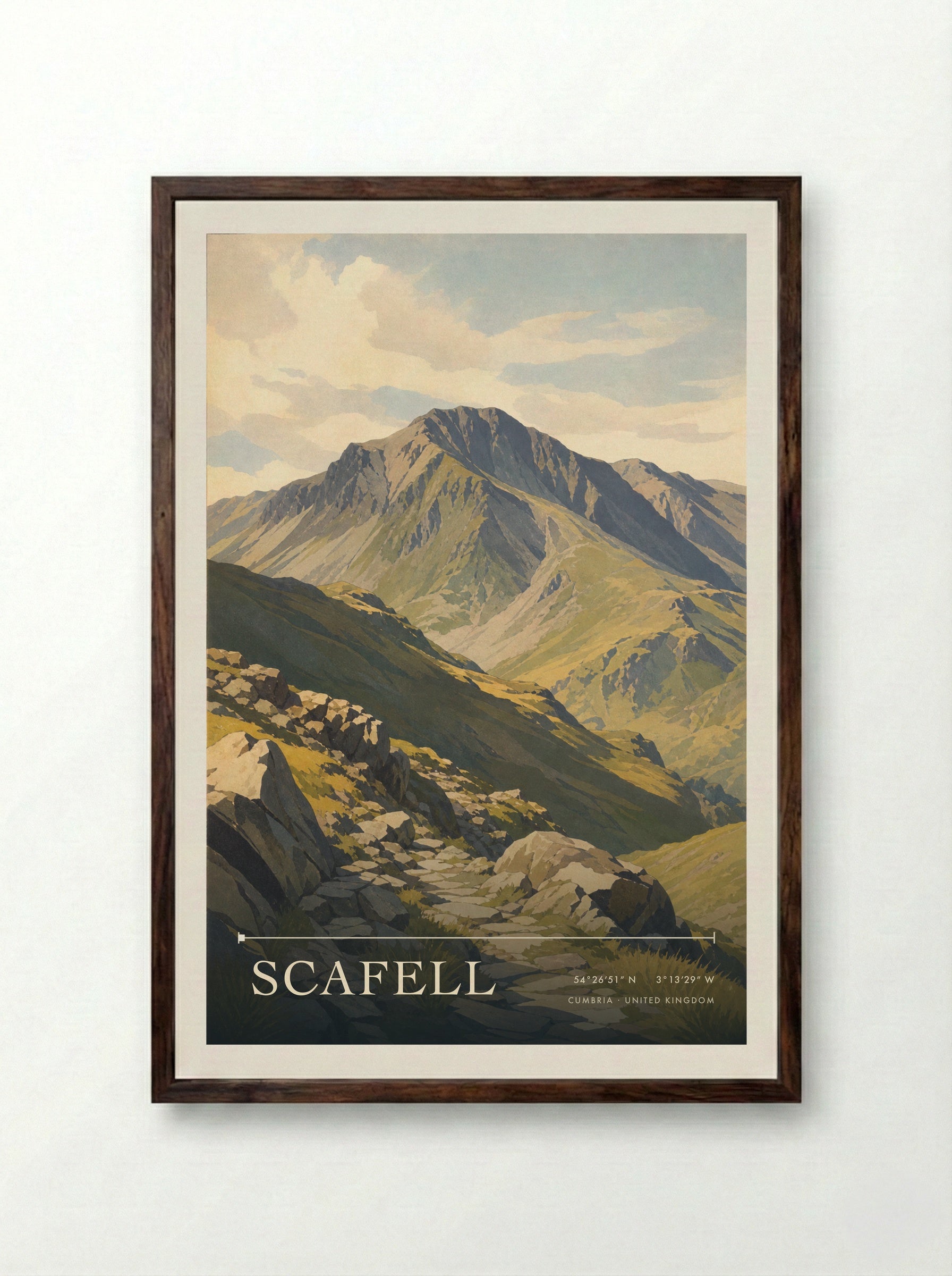 Scafell Cumbria United Kingdom Travel Poster - Framed Print Dark Wood