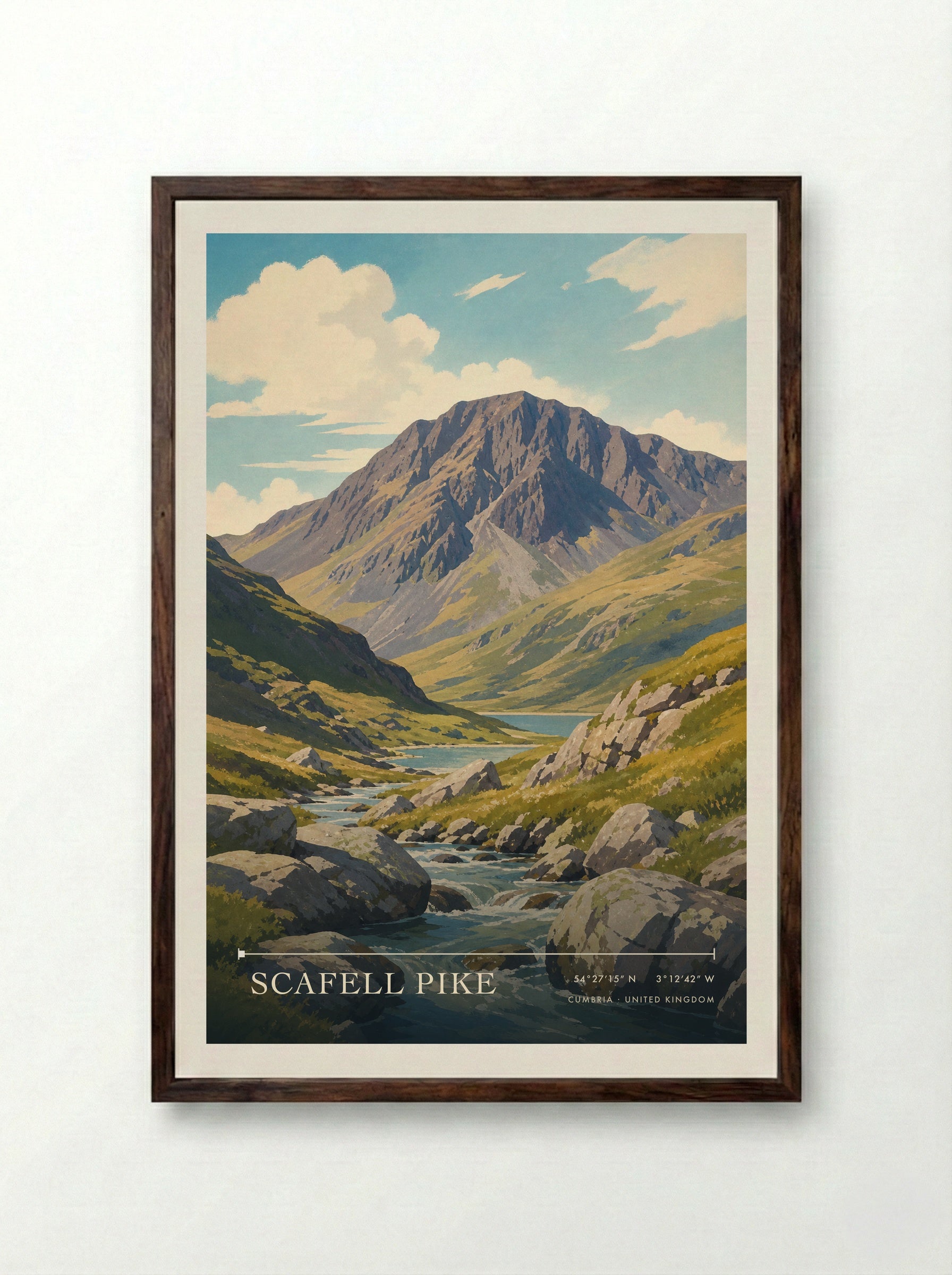 Scafell Pike Cumbria United Kingdom Travel Poster - Framed Print Dark Wood