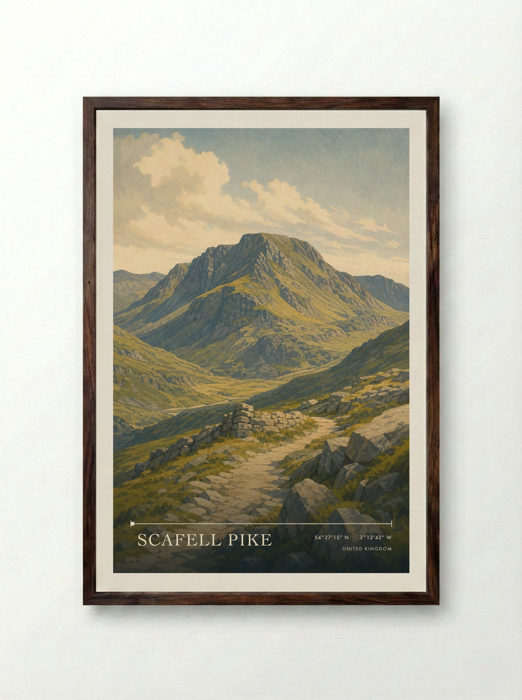 Scafell Pike United Kingdom Travel Poster - Framed Print Dark Wood