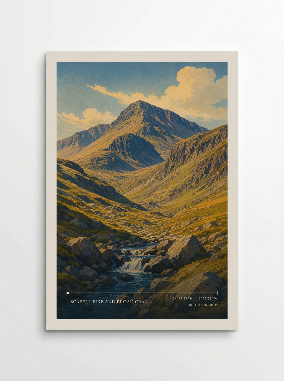 Scafell Pike and Broad Crag travel poster: a rugged Lakeland view of high ridges, a tumbling beck and boulder-strewn slopes