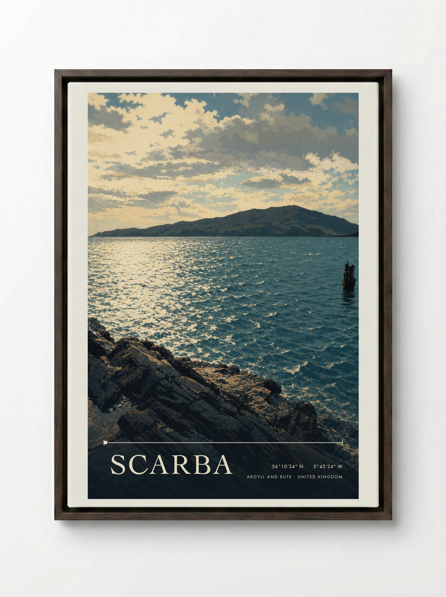 Scarba Argyll and Bute United Kingdom Travel Poster - Framed Canvas Dark Wood