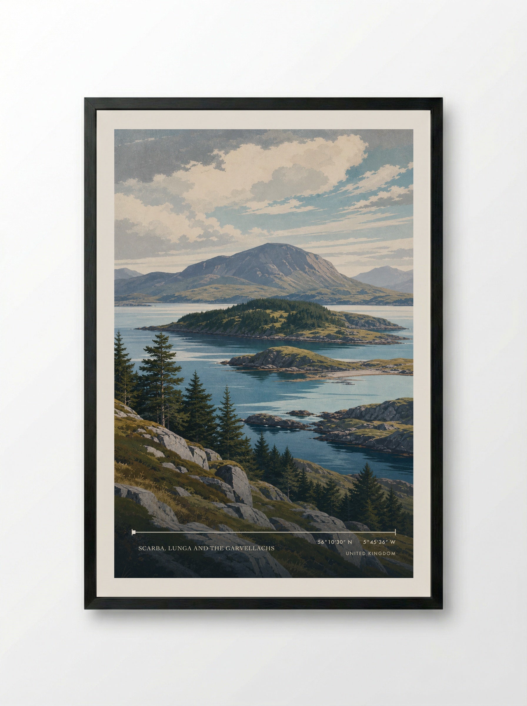 Scarba, Lunga and the Garvellachs United Kingdom Travel Poster - Framed Print Black