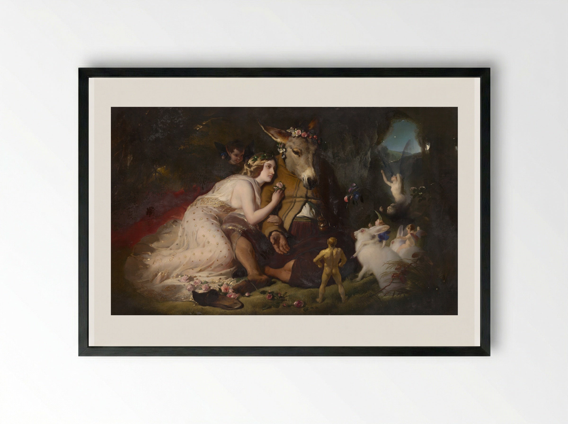 Scene from A Midsummer Night's Dream, Titania and Bottom - Edwin Henry Landseer - Framed Print Black
