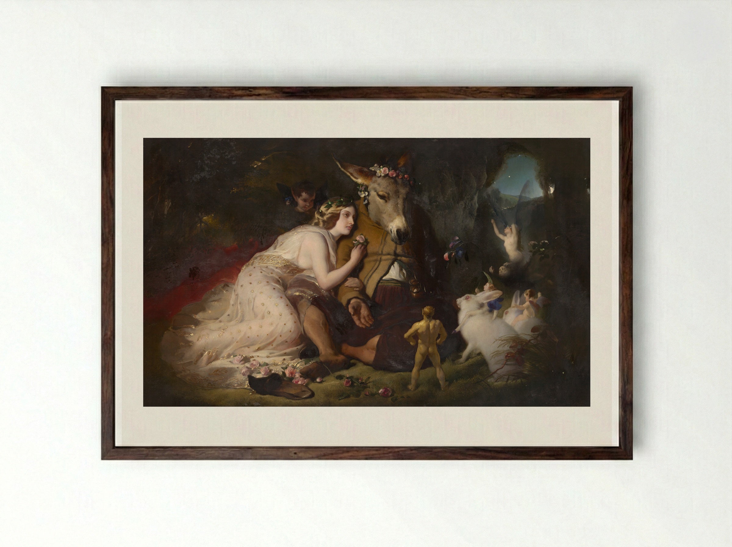 Scene from A Midsummer Night's Dream, Titania and Bottom - Edwin Henry Landseer - Framed Print Dark Wood