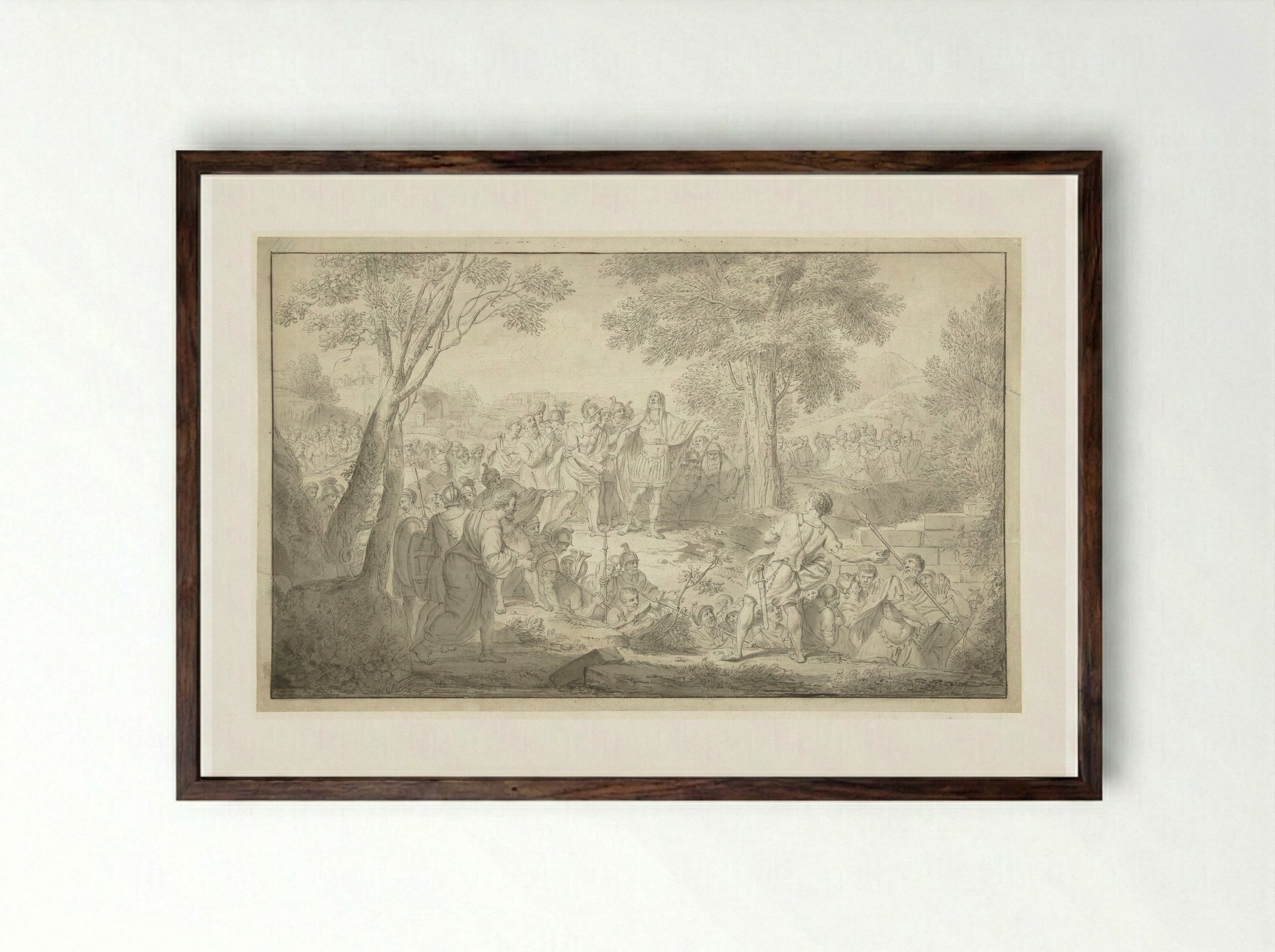 Scene from Ancient History: A Man Throwing a Stone at a Roman Commander - Louis Fabritius Dubourg - Framed Print Dark Wood