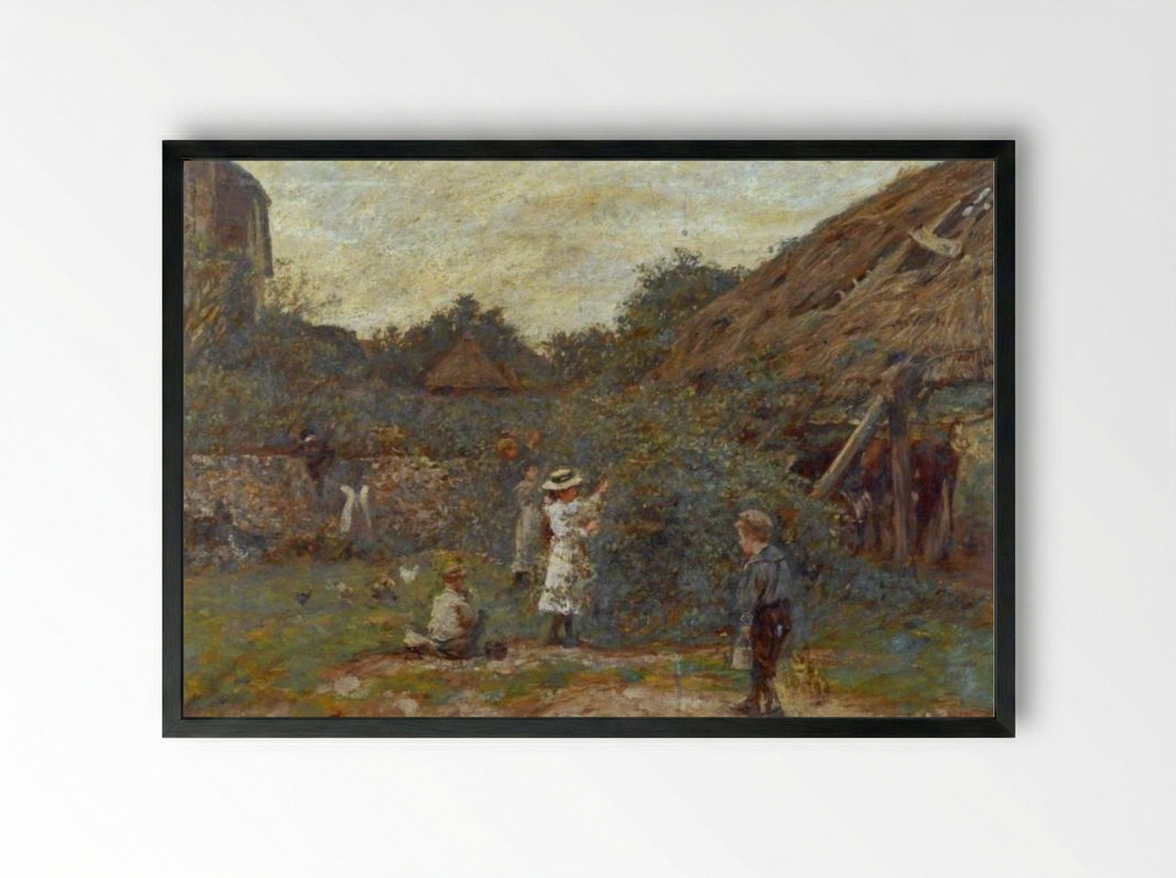 Scene in a Farmyard with Children Picking Fruit - James Charles - Framed Print Black