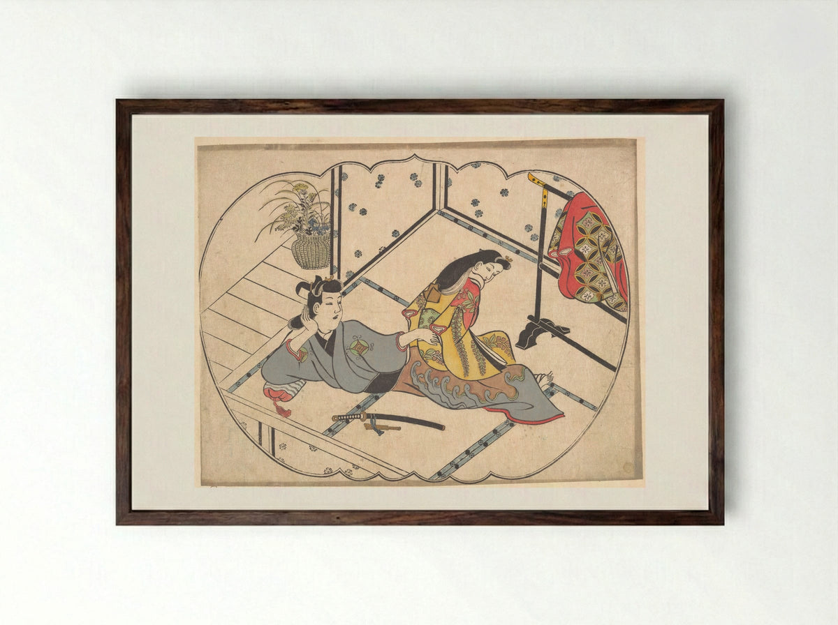 Scene in a Joroya - Furuyama Moroshige - Framed Print Dark Wood