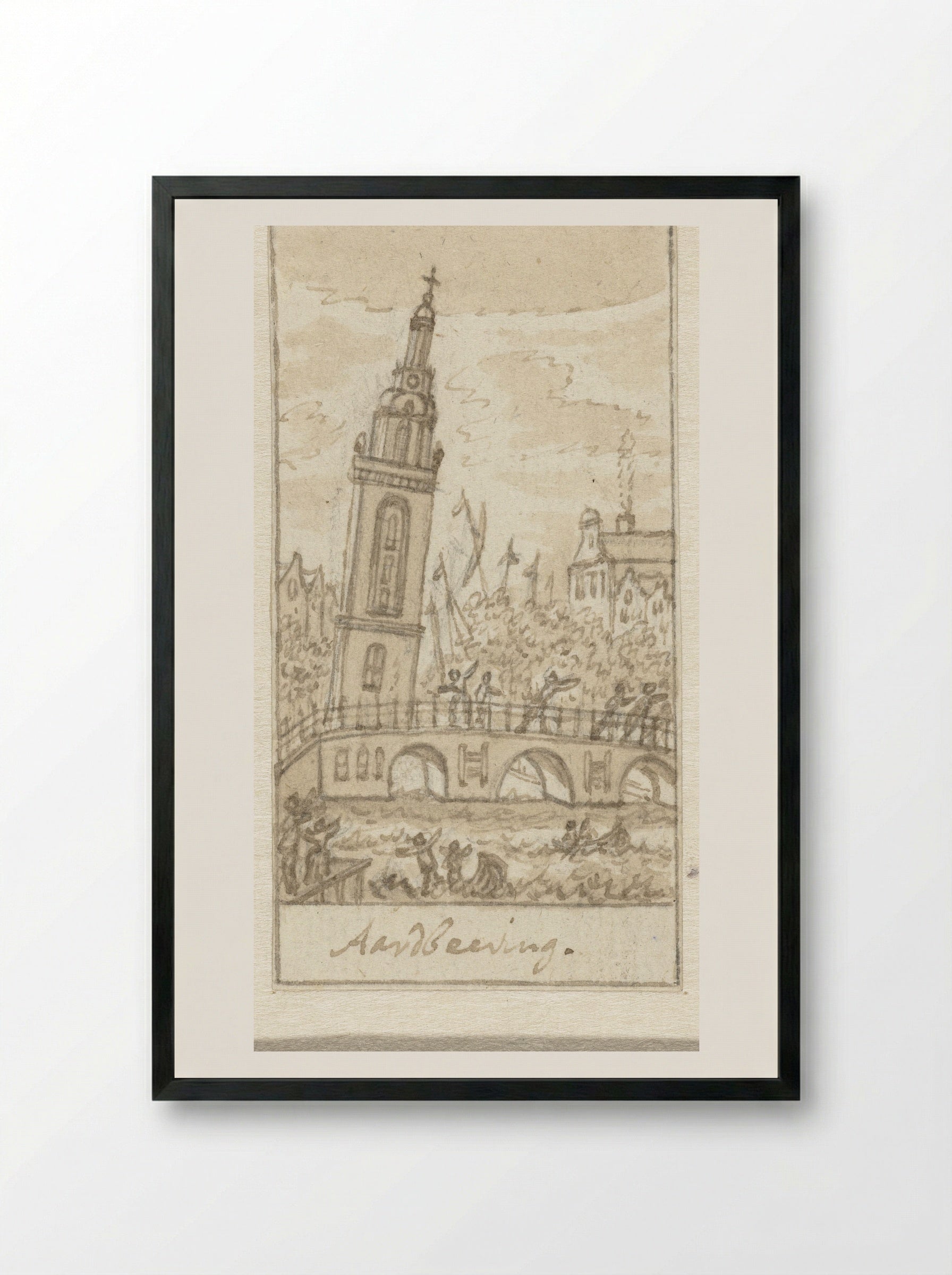 Scheefstaande Jan Roodenpoortstoren bij de aardbeving van 1692 - Simon Fokke - Framed Print Black