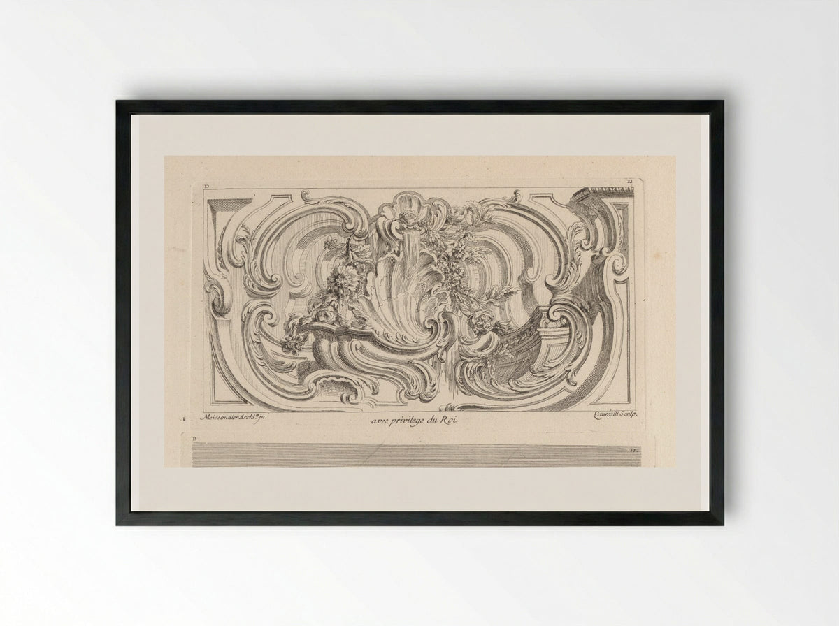 Schelp en bloemenguirlandes in kader - Gabriel Huquier - Framed Print Black