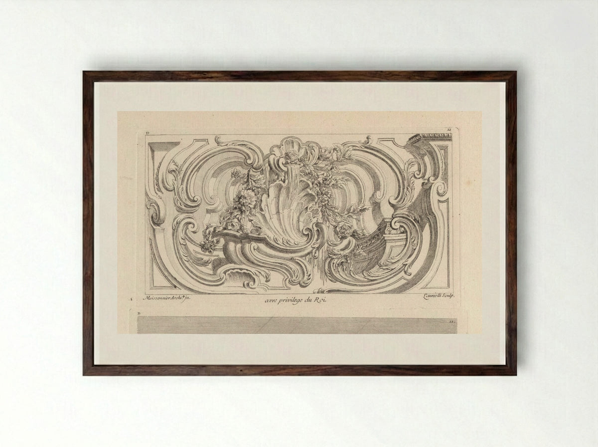 Schelp en bloemenguirlandes in kader - Gabriel Huquier - Framed Print Dark Wood