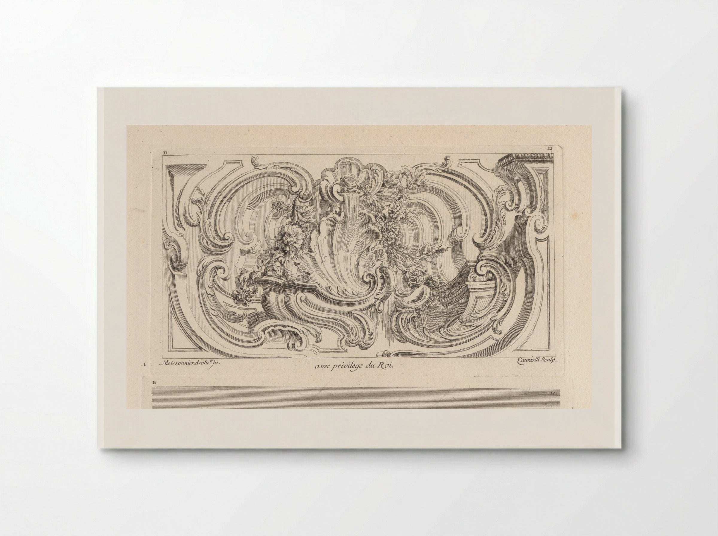 Schelp en bloemenguirlandes in kader - Gabriel Huquier - Poster