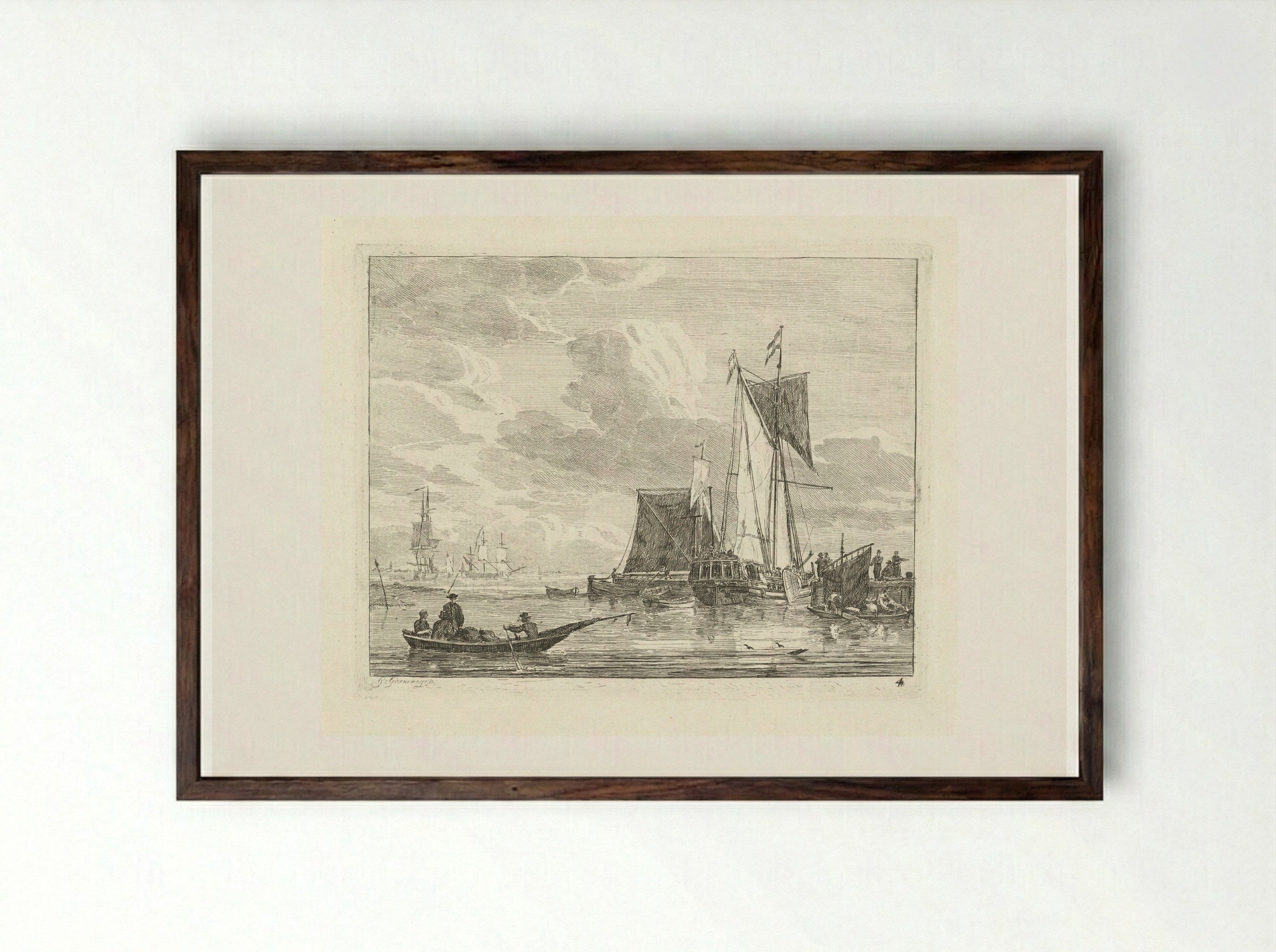 Schepen bij een steiger - Gerrit Groenewegen - Framed Print Dark Wood