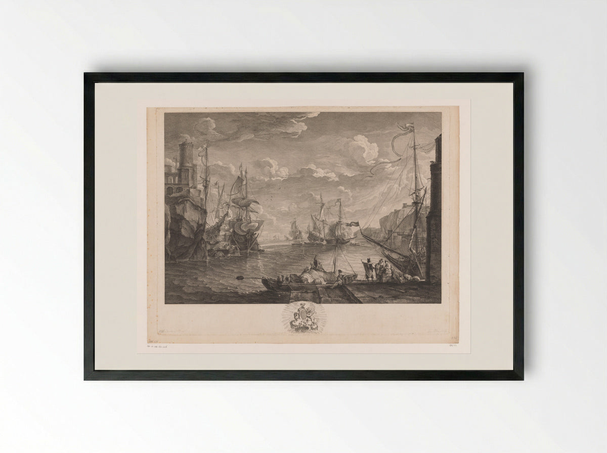Schepen in een haven aan een rotsachtige kust - Noël Le Mire - Framed Print Black