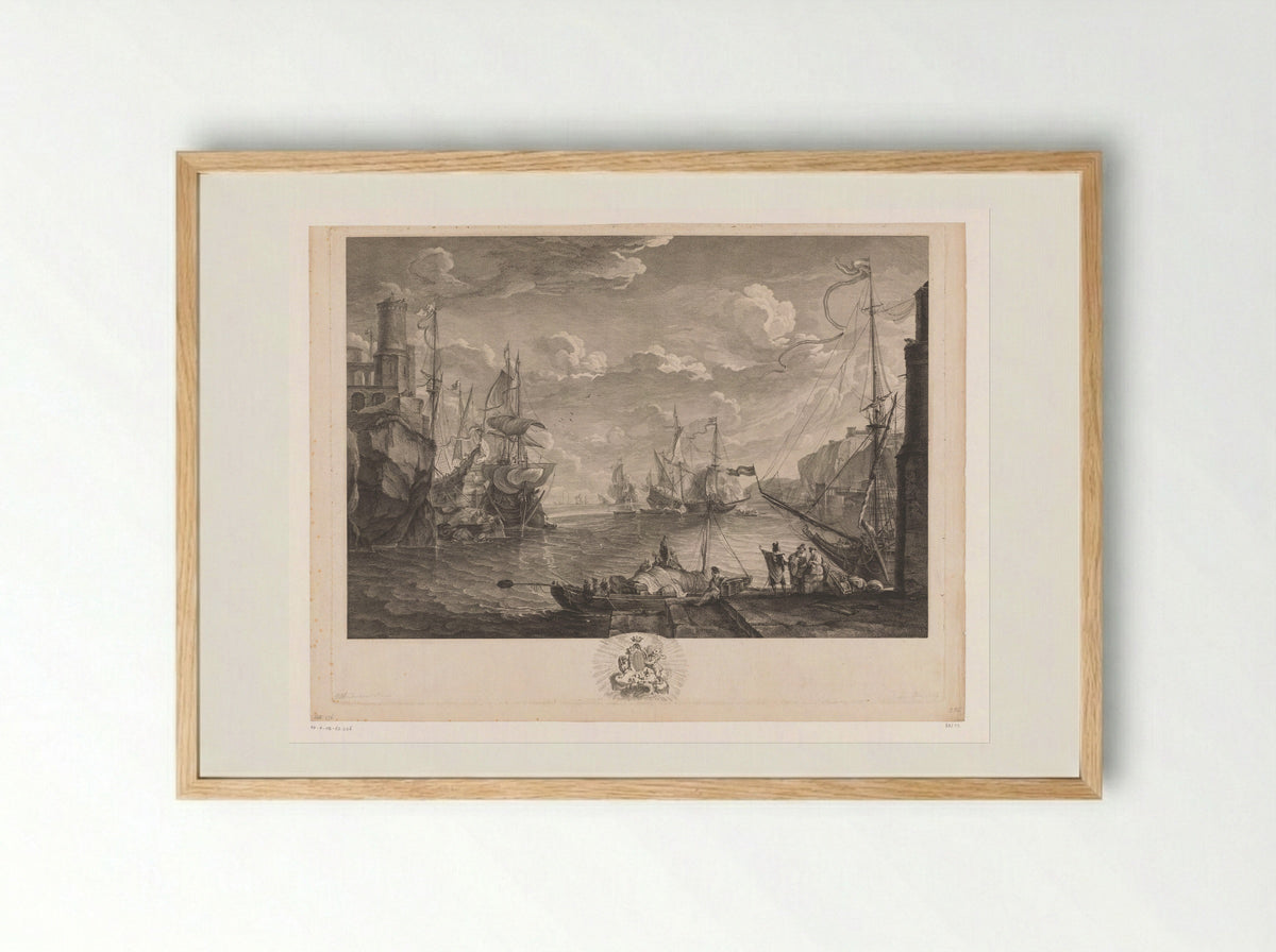 Schepen in een haven aan een rotsachtige kust - Noël Le Mire - Framed Print Wood