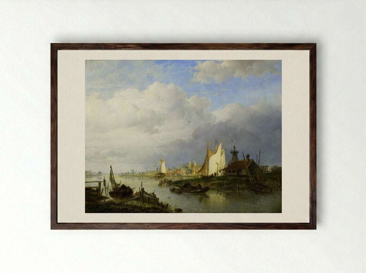 Schepen op een rivier bij een lichtbaken - Hendrik Vettewinkel - Framed Print Dark Wood