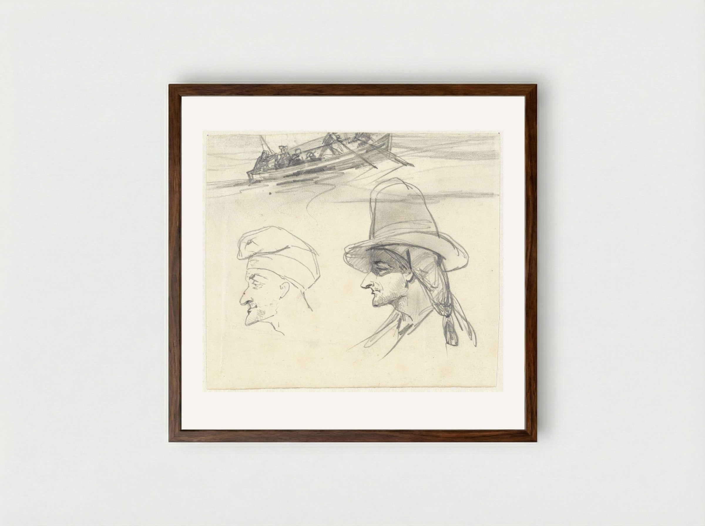 Schets van vissersboot en twee mannenhoofden - Johan Daniël Koelman - Framed Print Dark Wood