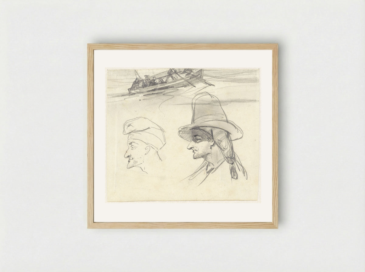 Schets van vissersboot en twee mannenhoofden - Johan Daniël Koelman - Framed Print Wood