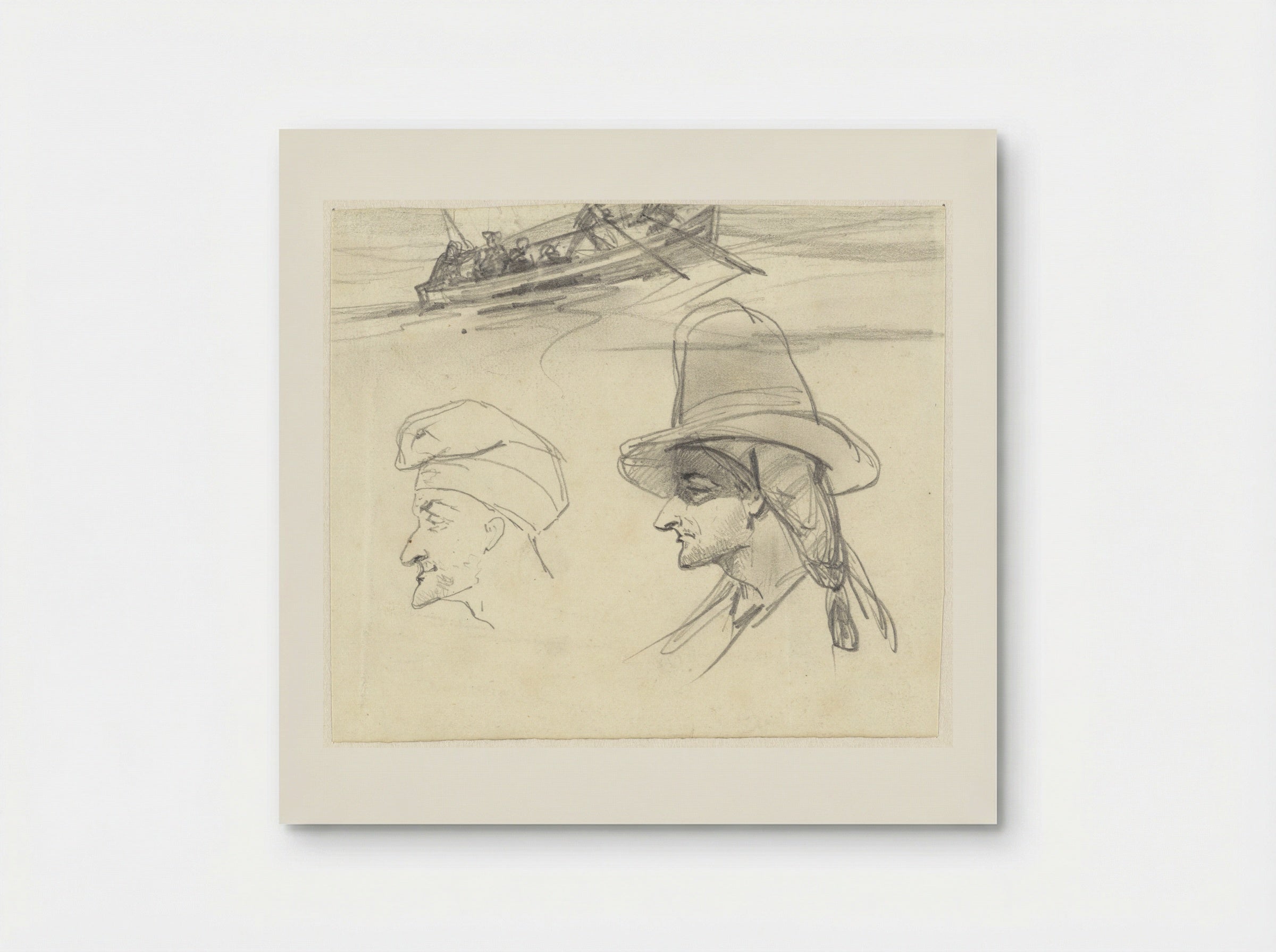 Schets van vissersboot en twee mannenhoofden - Johan Daniël Koelman - Poster
