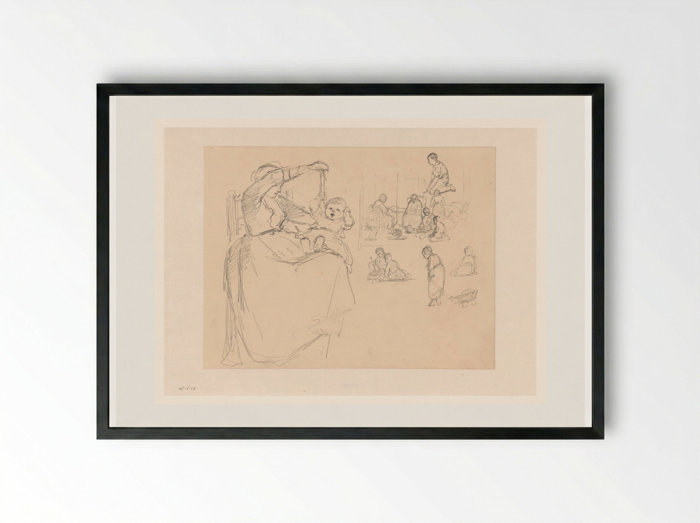 Schetsblad met moeder en spelende kinderen - Hendrik Valkenburg - Framed Print Black