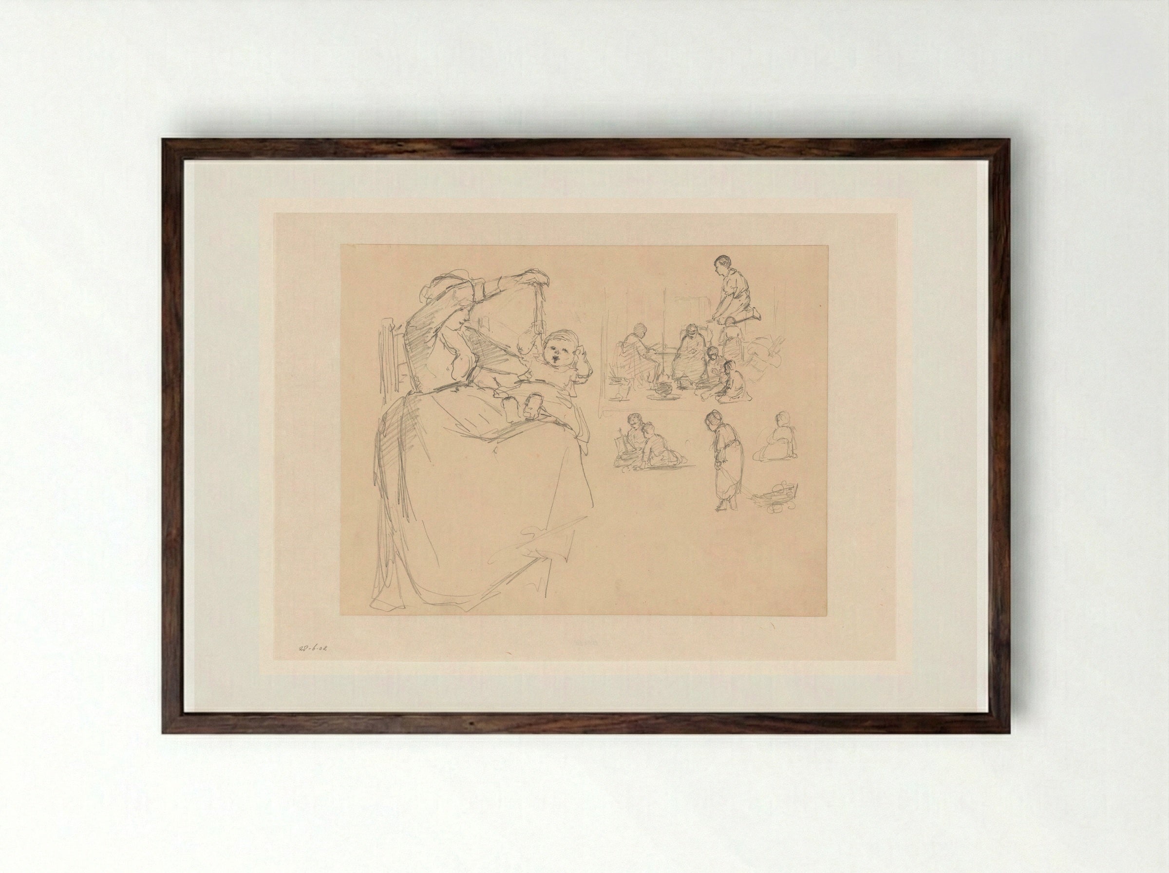 Schetsblad met moeder en spelende kinderen - Hendrik Valkenburg - Framed Print Dark Wood